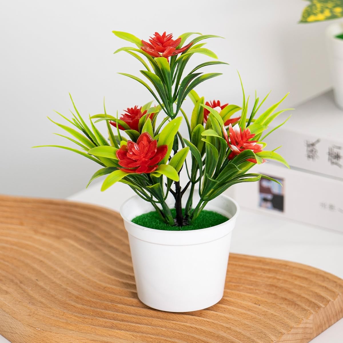 Dollhouse 1: 12 Red Artificial Lotus Flowers in Plastic Vase, Mini Potted Flo…