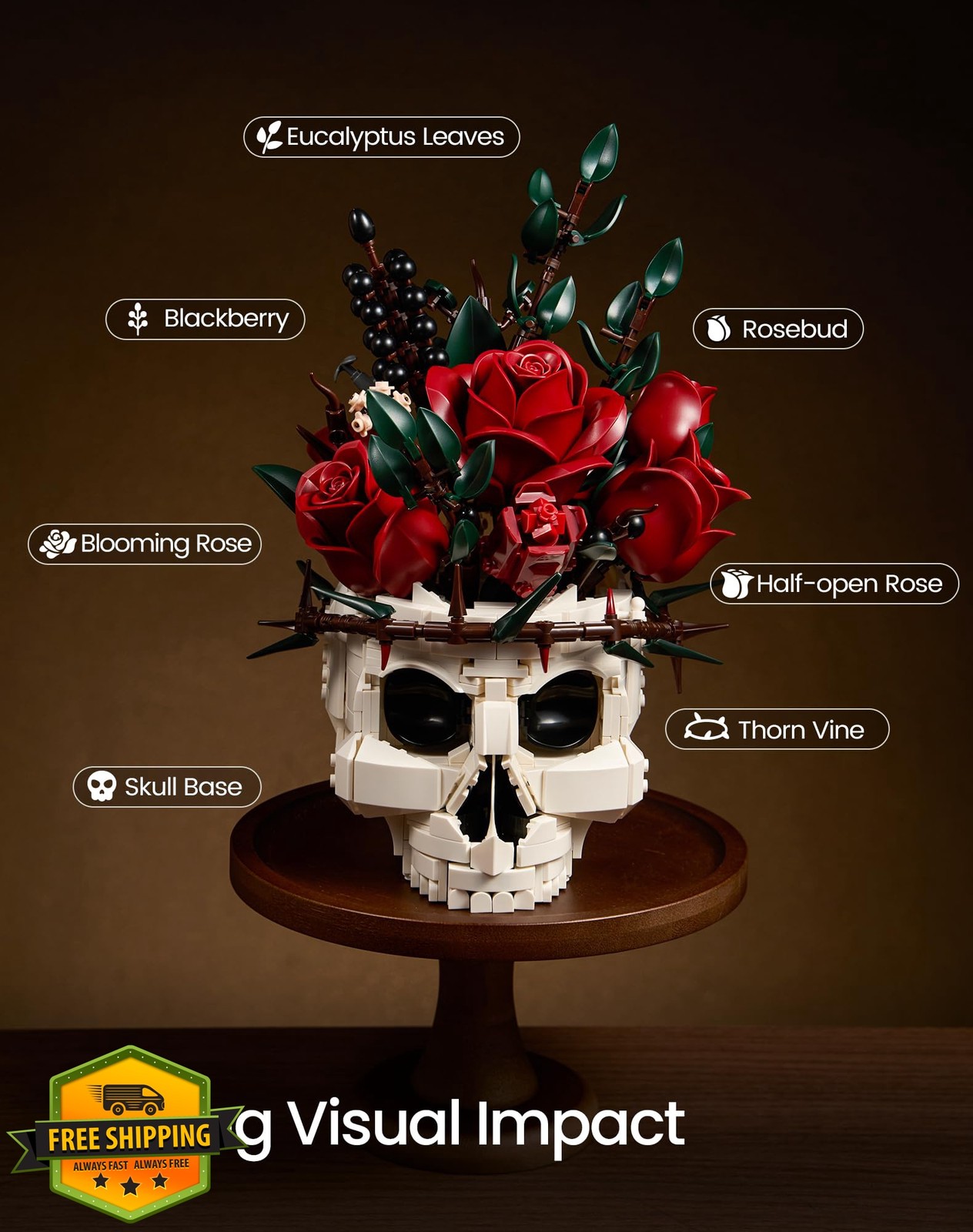 Bloxbotany Gothic Skull Rose Flower Bouquet Building Set