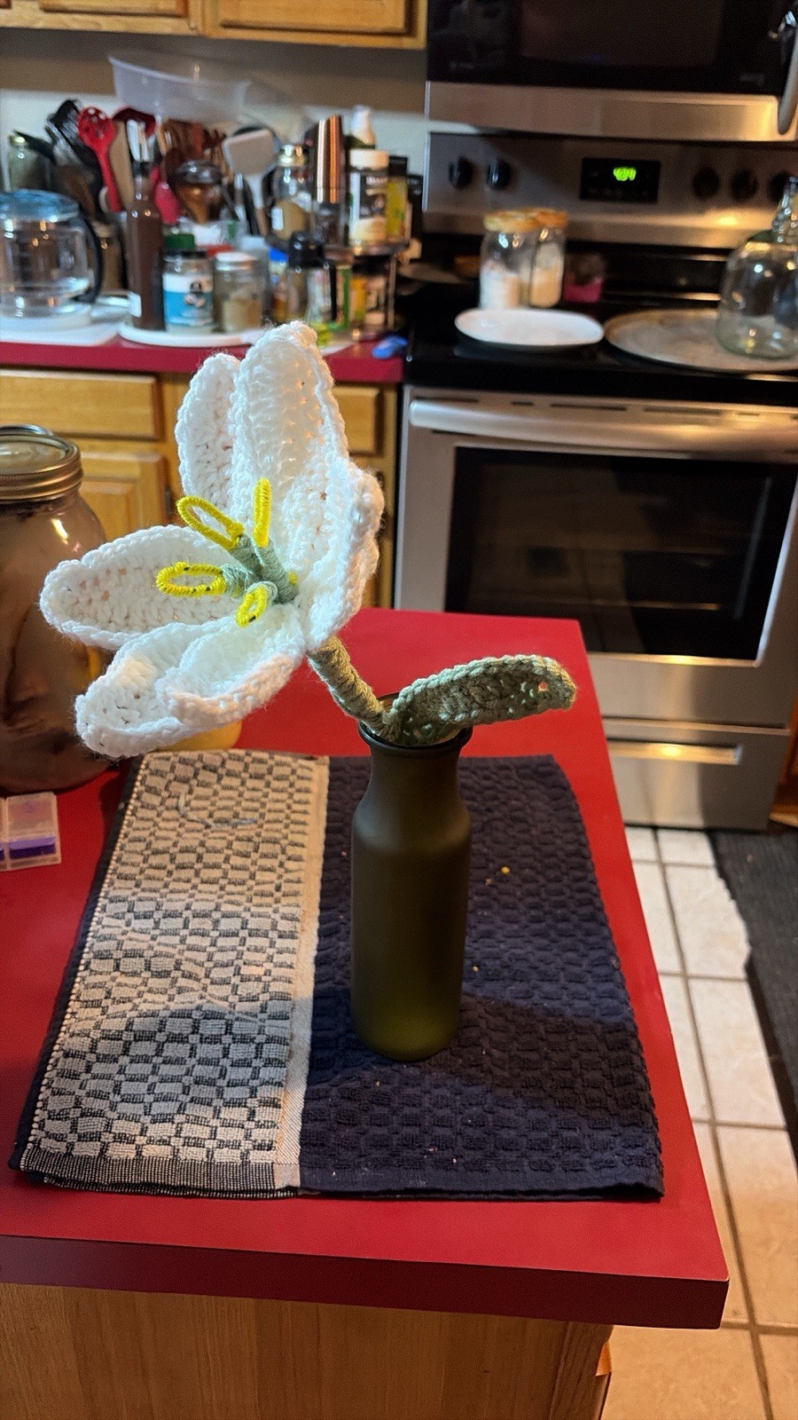 artificial handmade crochet lily flower stem, yarn, white/yellow/pink/green