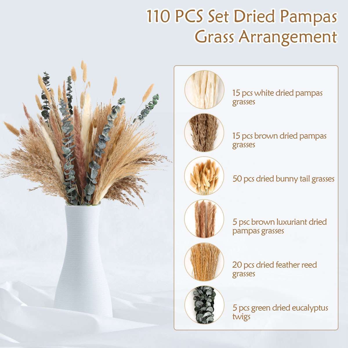 110Pcs Dried Pampas Grass Bouquet, Natural Eucalyptus Bunny Tail Boho Home Decor