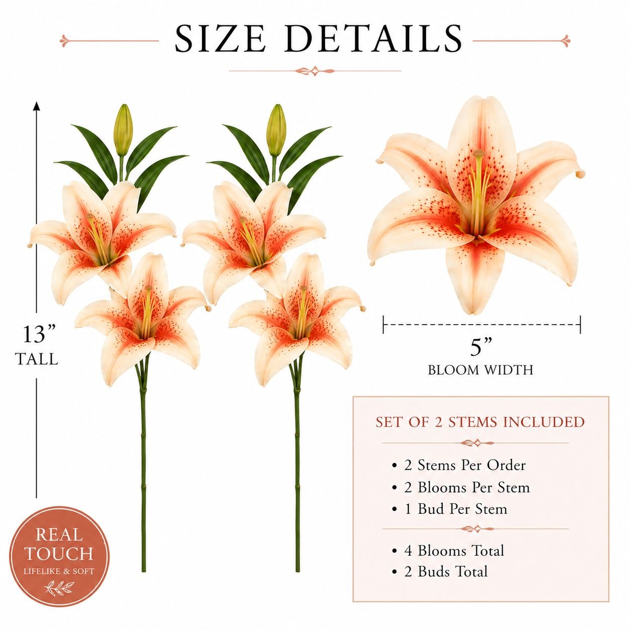 Real Touch Coral Peach Lily Stems Set of 2, Artificial Lily Flowers, Faux Floral