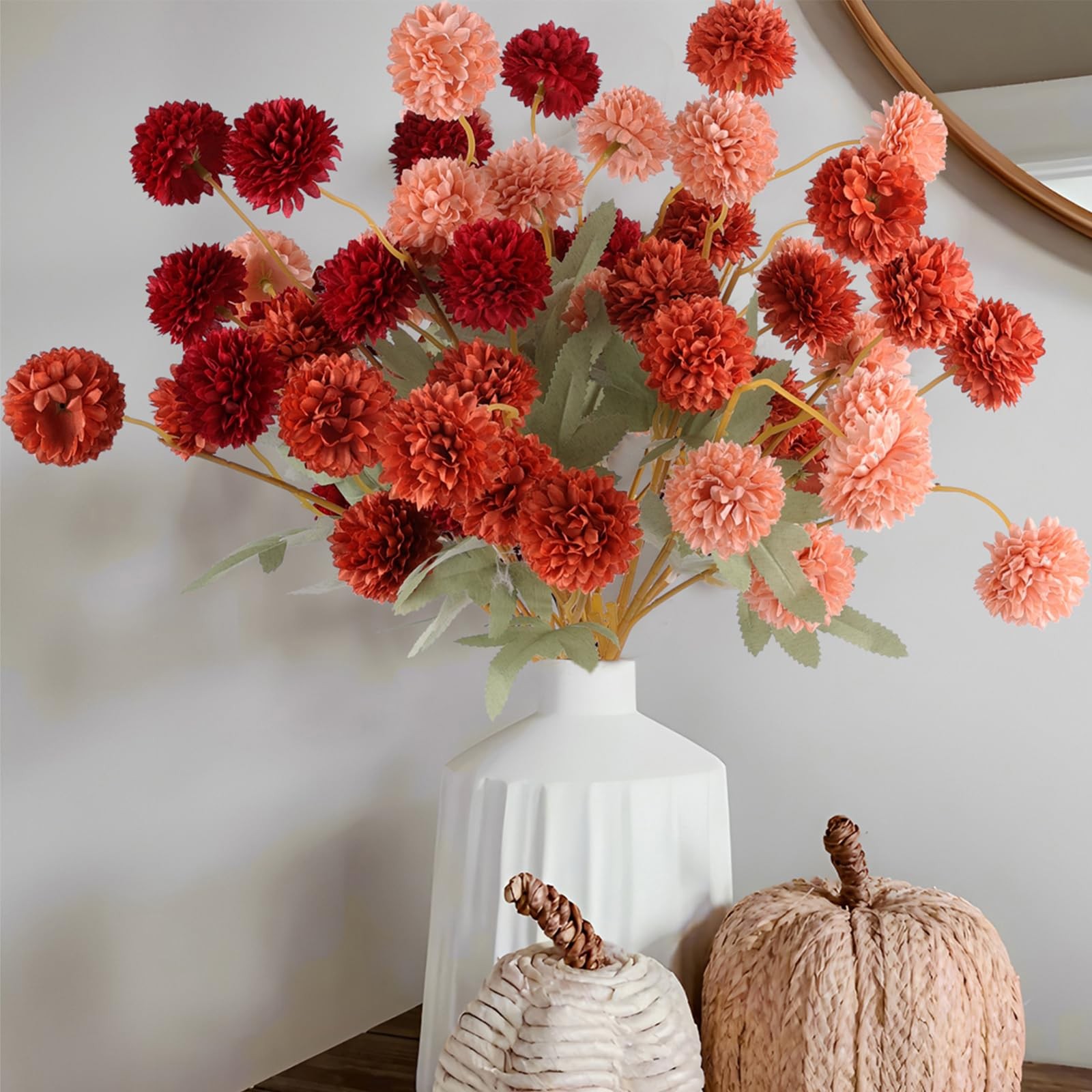 12 Pcs Artificial Chrysanthemum Flowers, Orange Kiku Pom Pom Mums Flower Faux…