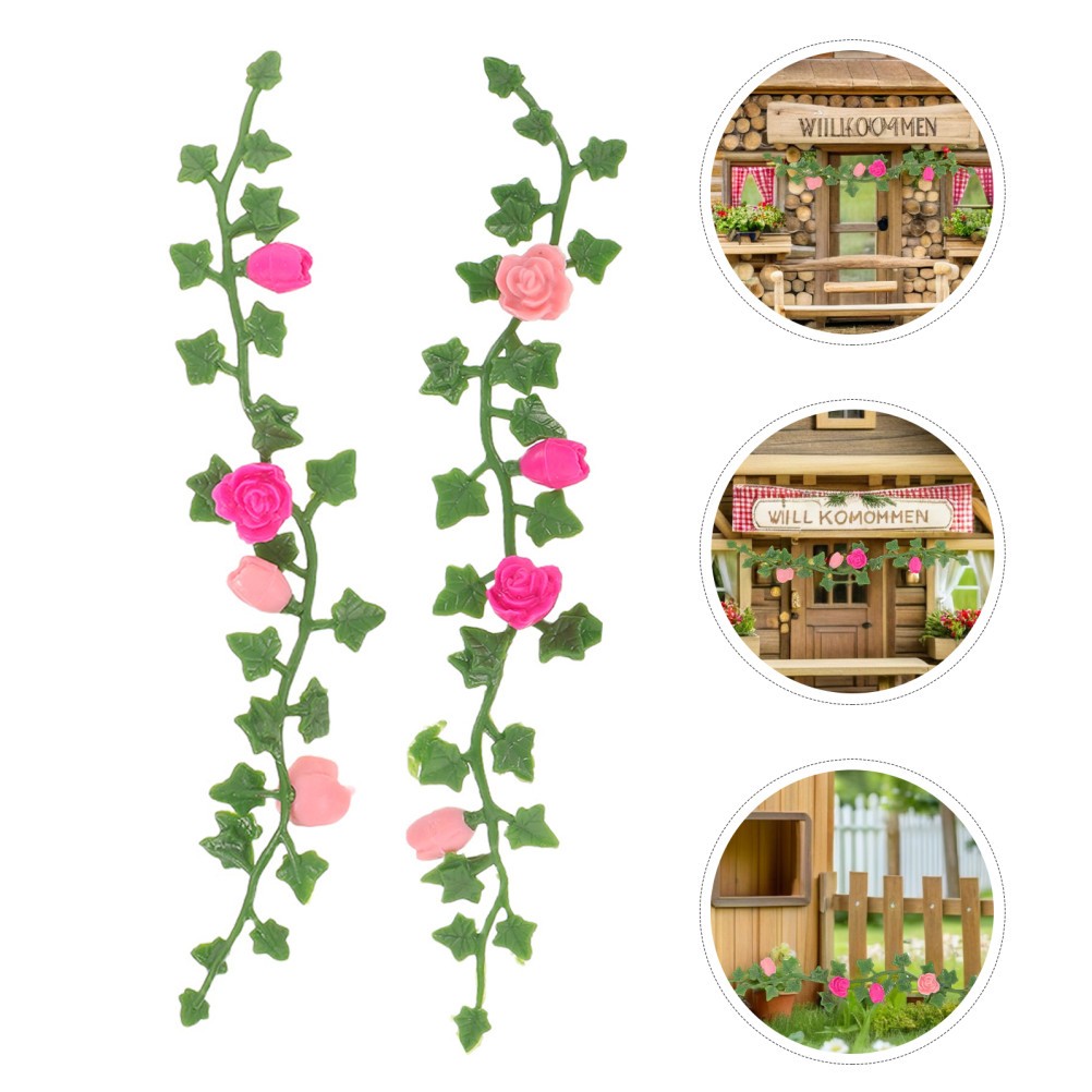 10Pcs Reusable Dollhouse Green Rose Vines with Realistic Mini Climbing Flowers