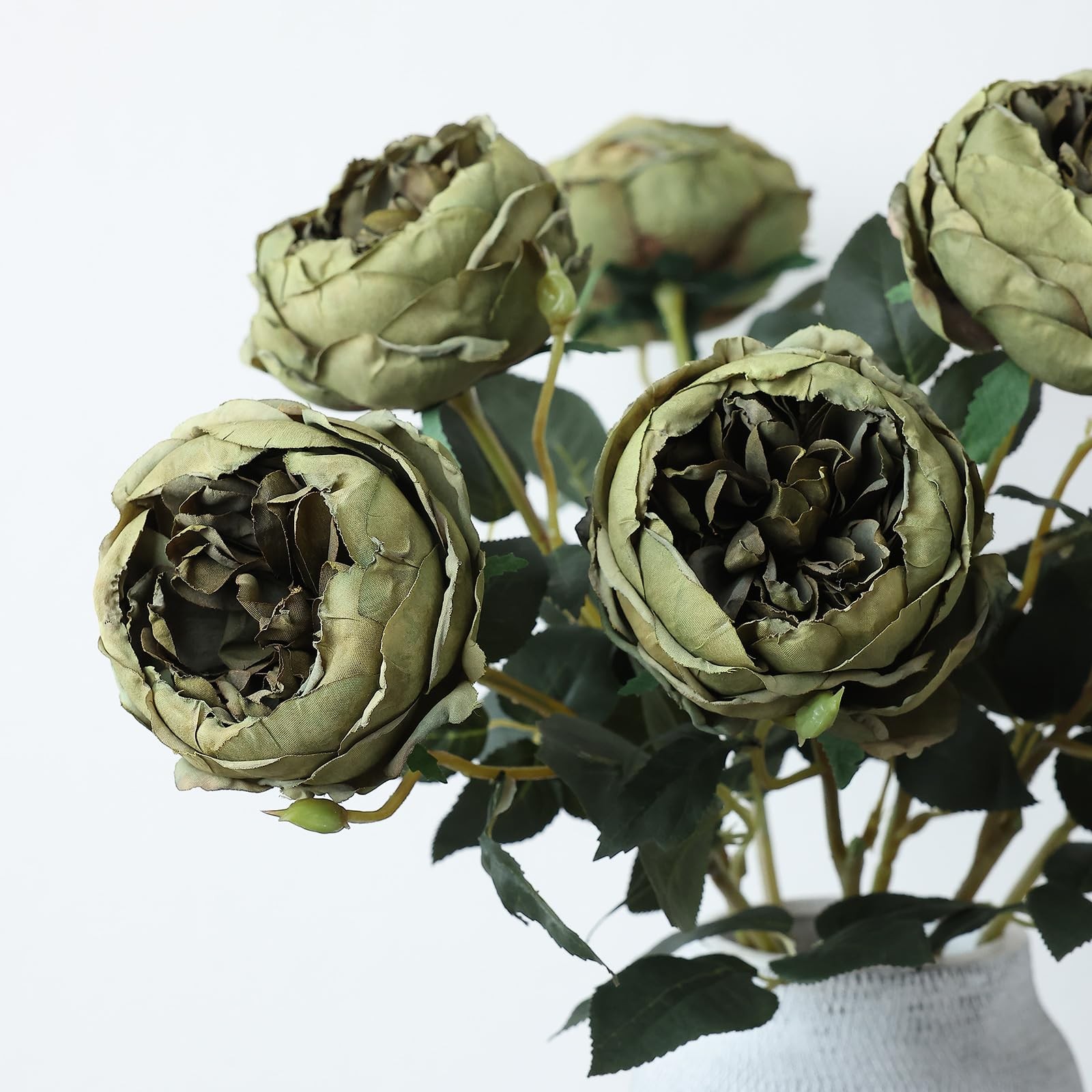 6Pcs Burnt Green Artificial Roses Flowers Fake Silk Roses Flower with Long St…