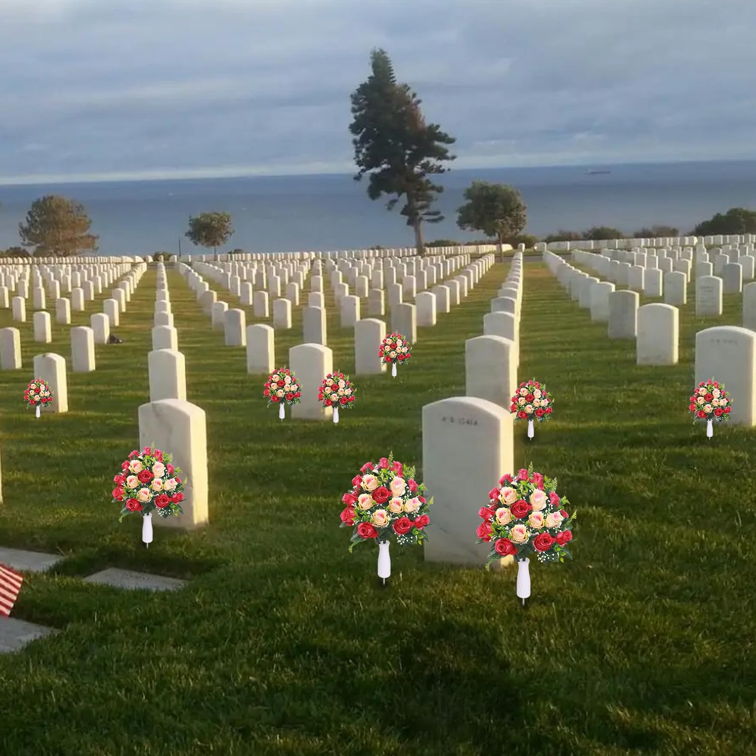 2 Sets Artificial Cemetery Flowers, Vase, Rose Bouquet, Red, Beige, Memorial