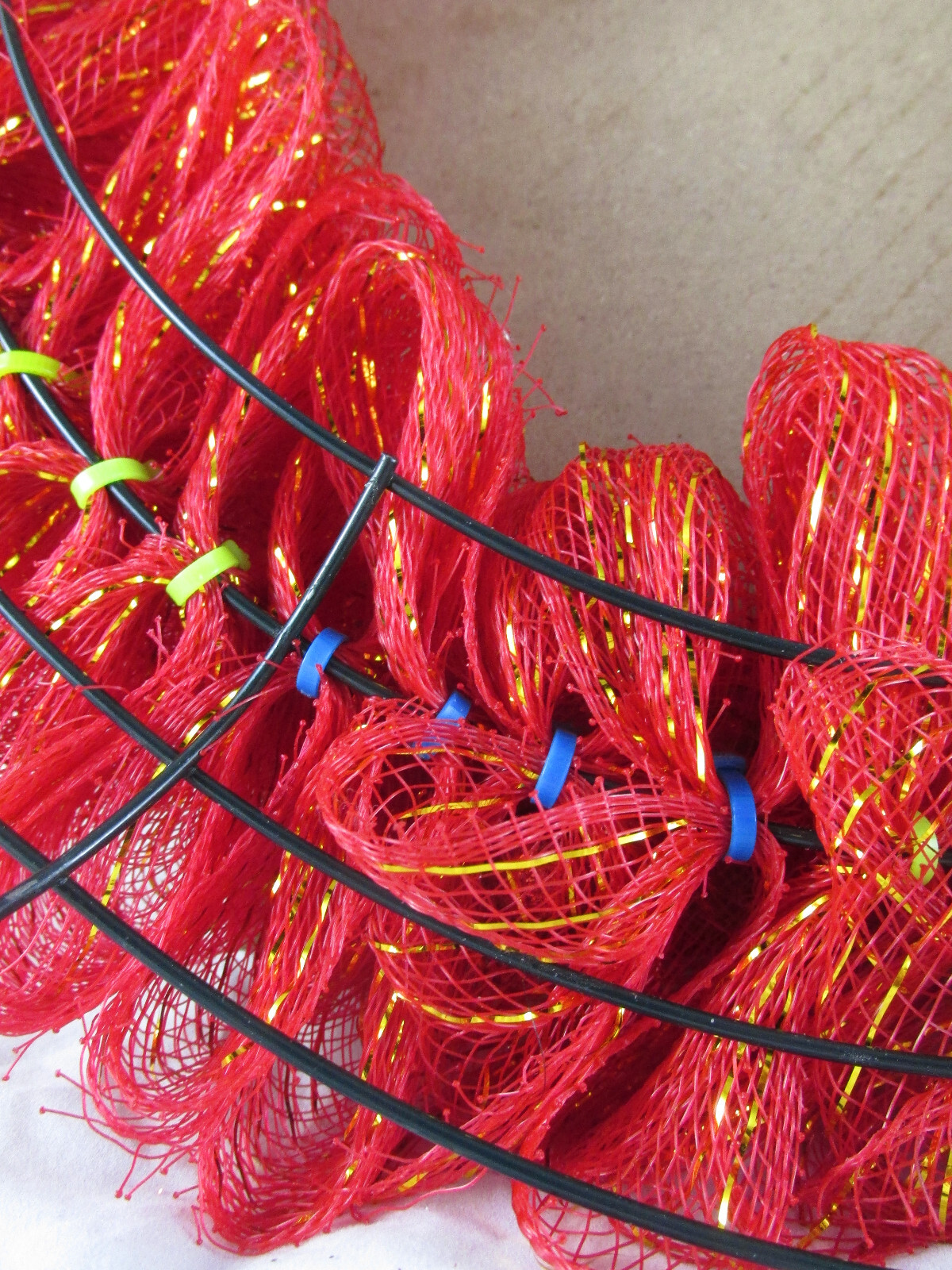 Red and Gold Poof Deco Mesh Ribbon Wreath
