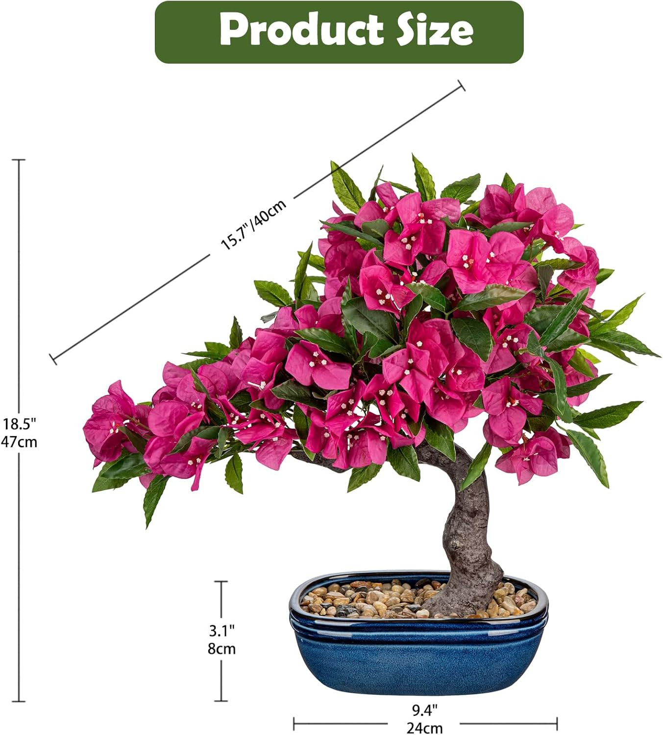 Artificial Bougainvillea Bonsai Tree 18.5″ Silk Bougainvillea Plant with Blue Po