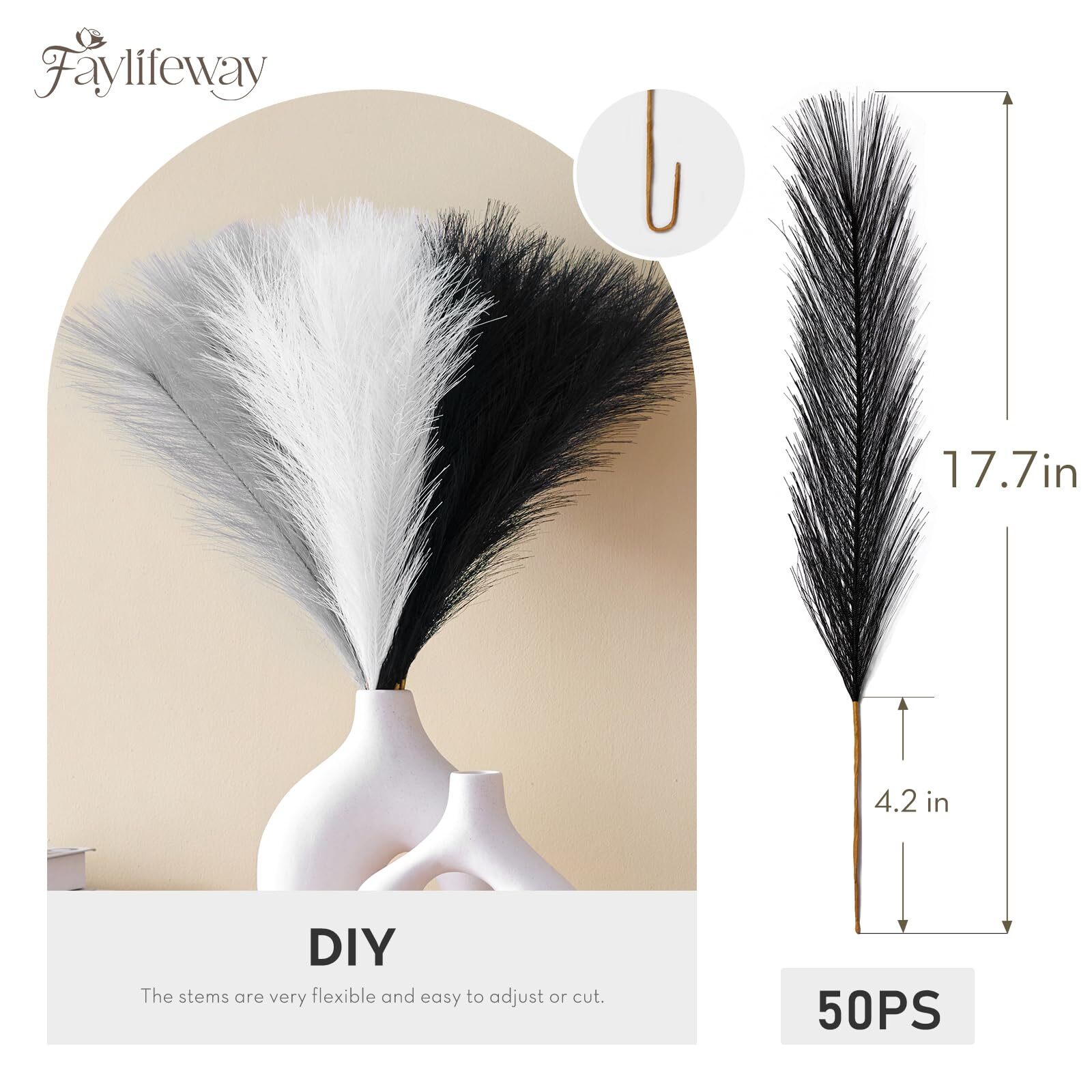 50pcs Pampas Grass 17in Black and White Pampas Grass Artificial Fluffy Vase F…