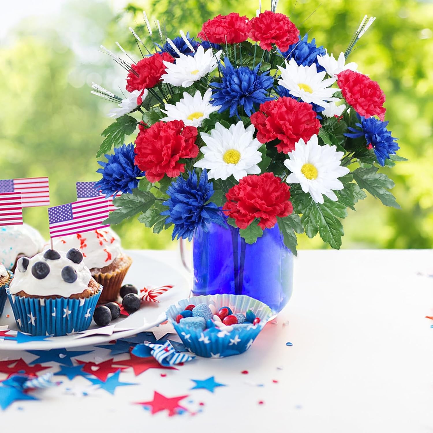 Artificial Flower Patriotic Memorial Bouquet Red White and Blue 17.3″ 13 Heads