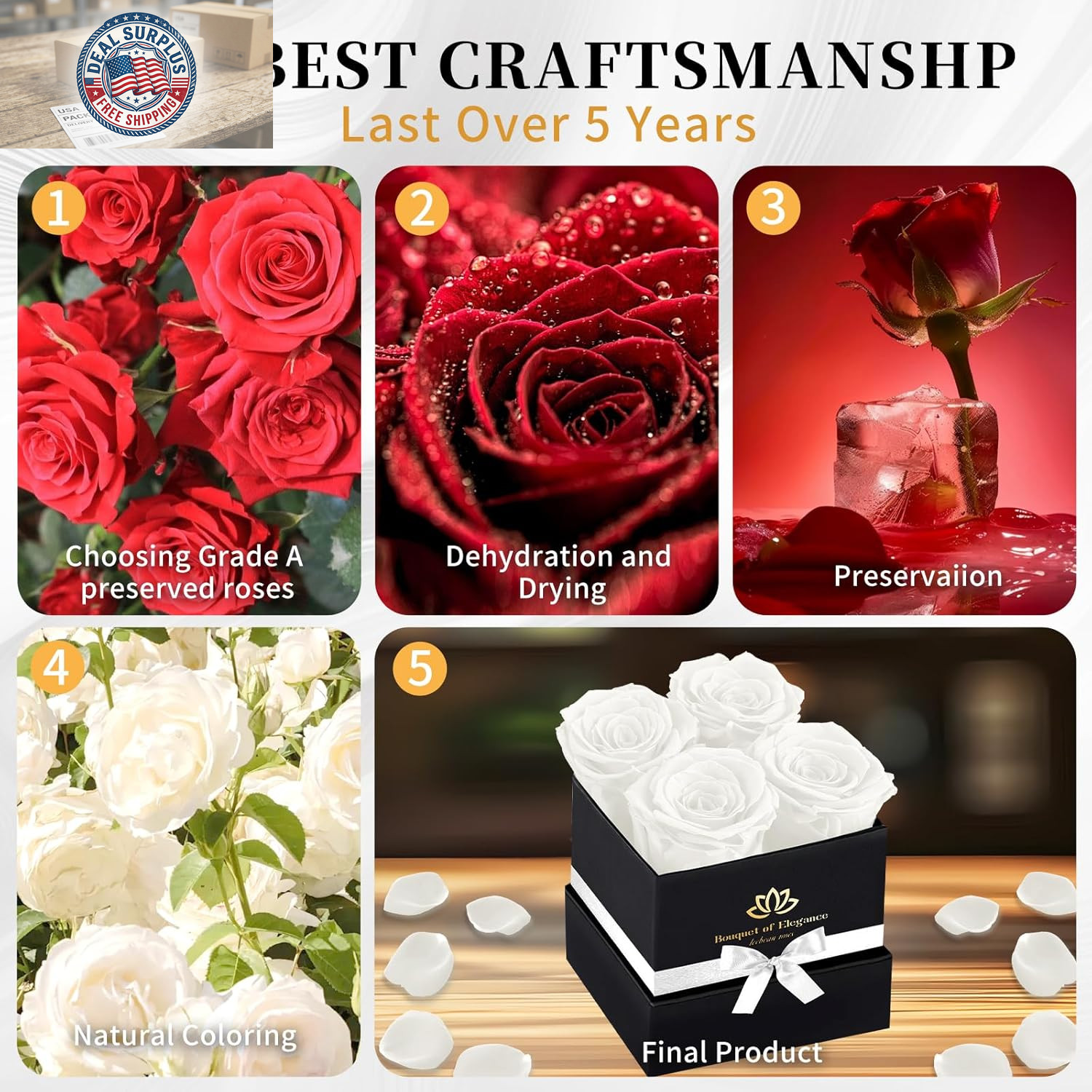 White Forever Flowers Roses in a Box,Real Preserved Flowers,Preserved Roses,Fore