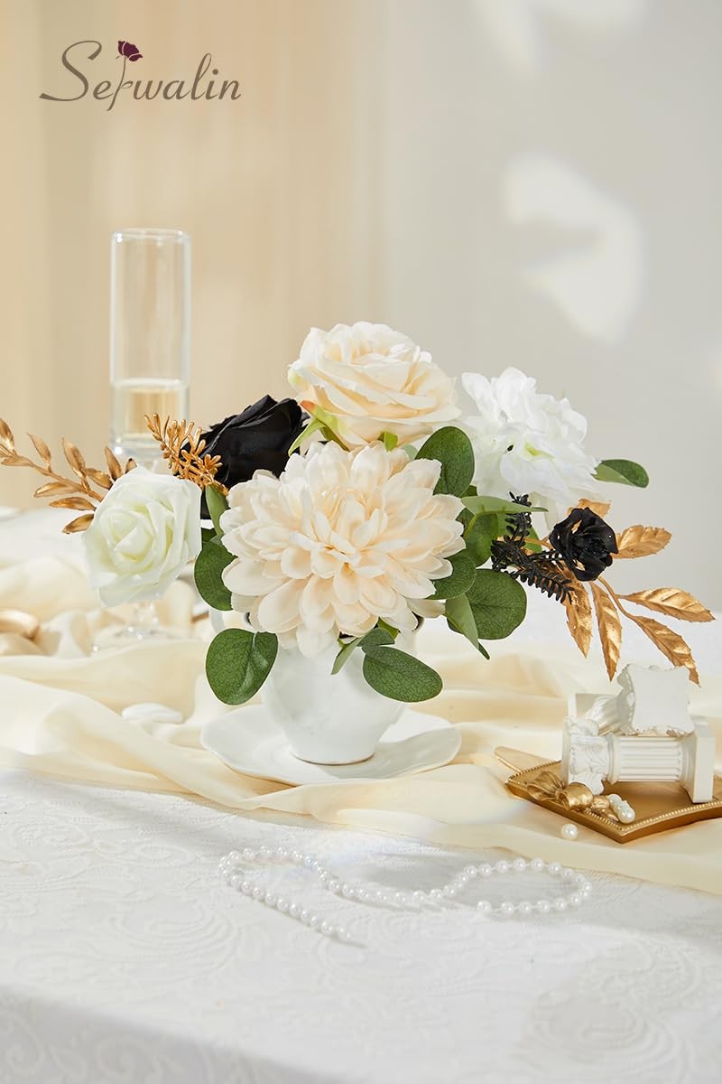 Artificial White & Black & Champagne Flowers, Silk Fake Flowers for DIY Weddi…