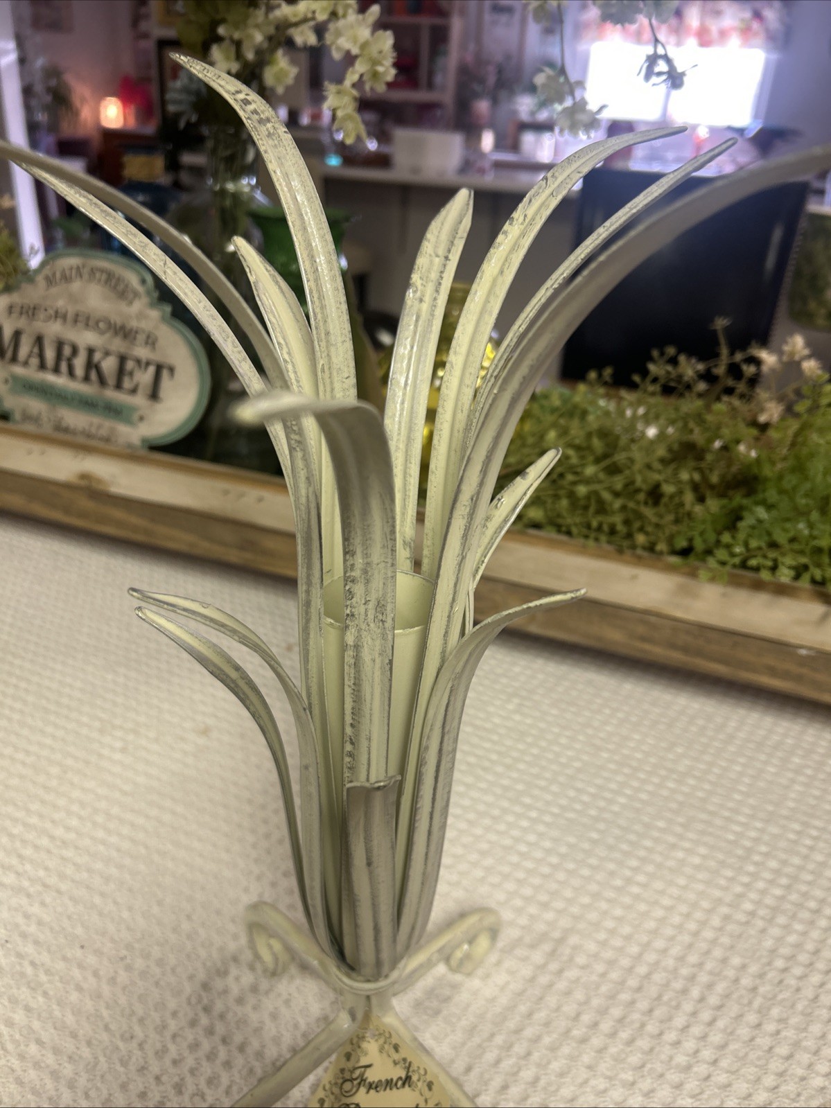 Vintage French Bouquet Holder Aged White Metal Displayer For Floral Cottage New