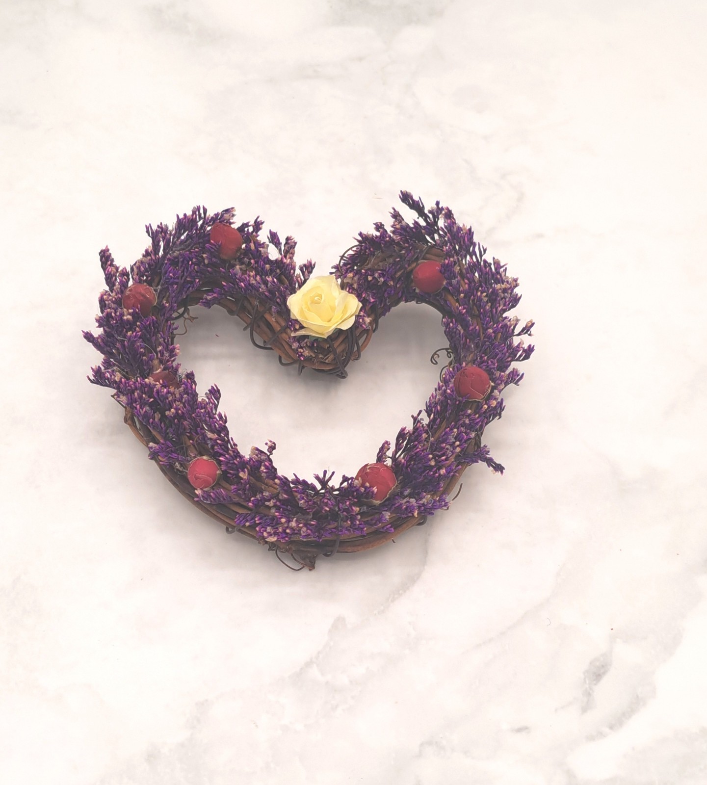Handmade Grapevine Heart Dried Flower Arrangement – Purple Caspia & Mini Roses