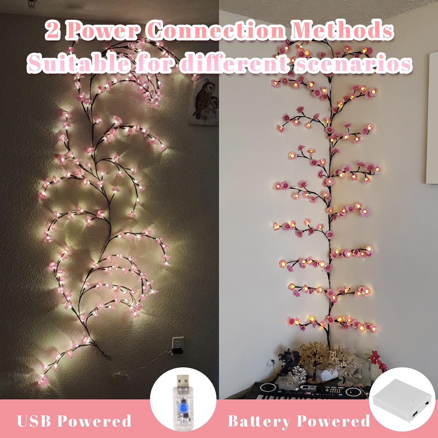 Cherry Blossom Vine Lights for Wall, 4FT 48 LED Pink Flower Lighted Willow Vi…
