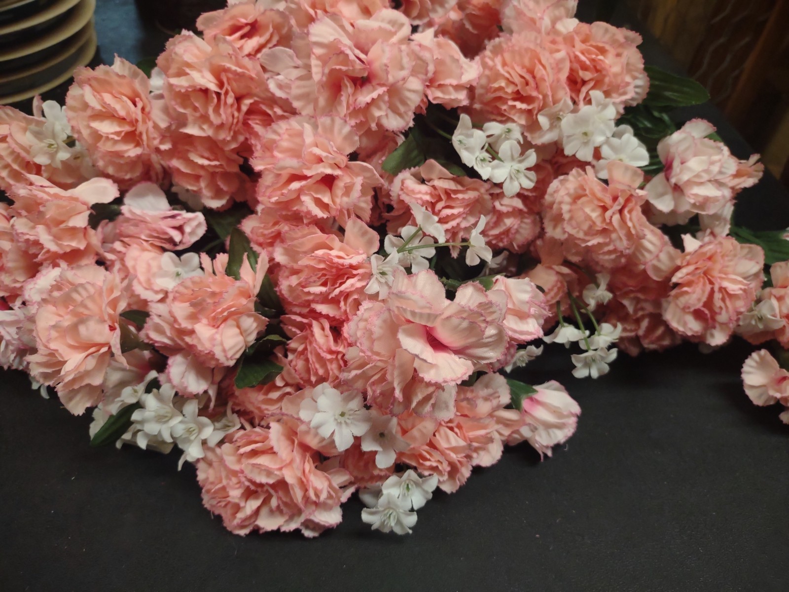 Realistic Silk Miniature Carnation Bush, 11 Stems, Pink with Babies Breath 15″