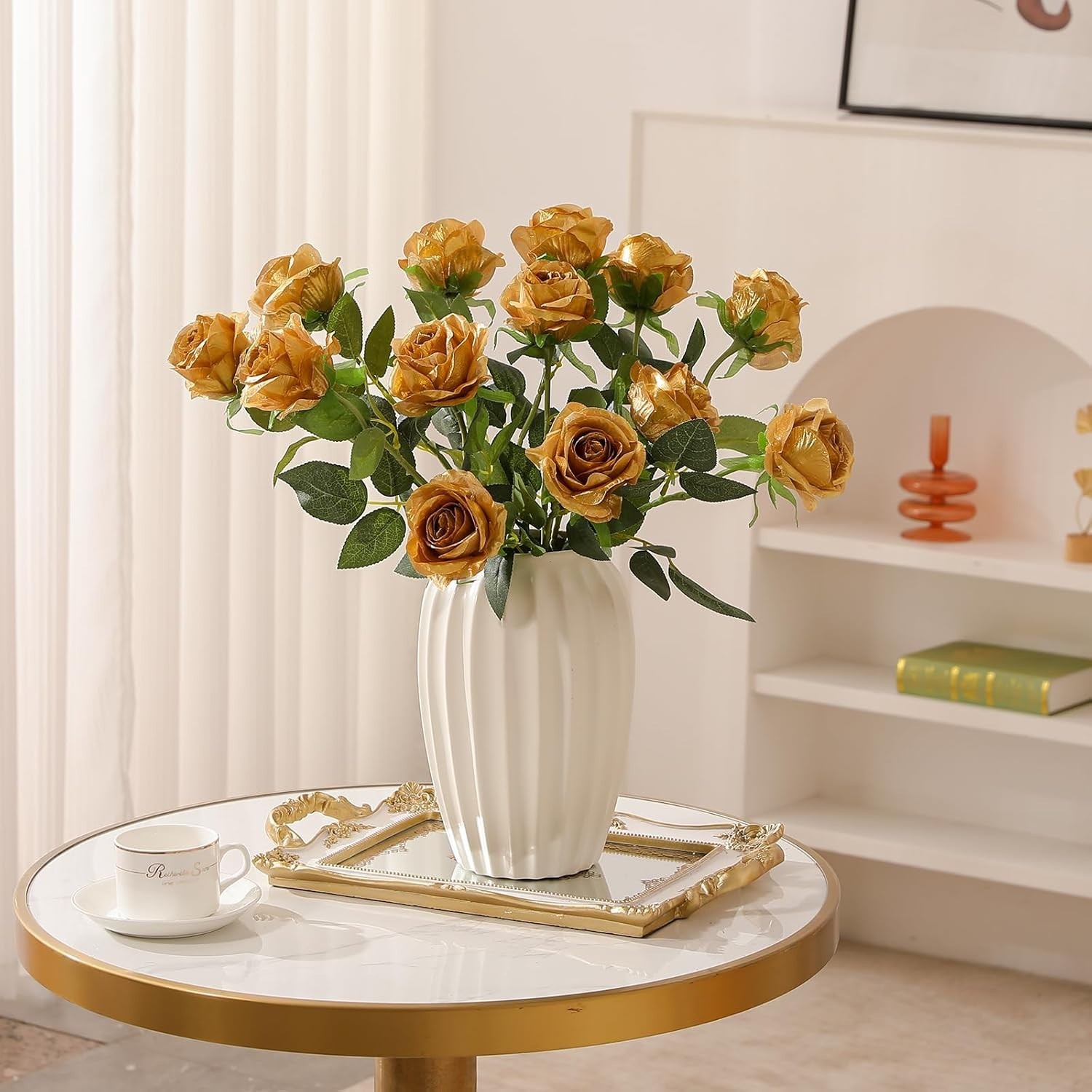 Lifelike Artificial Roses – 12pcs Long Stem Bouquet Gold