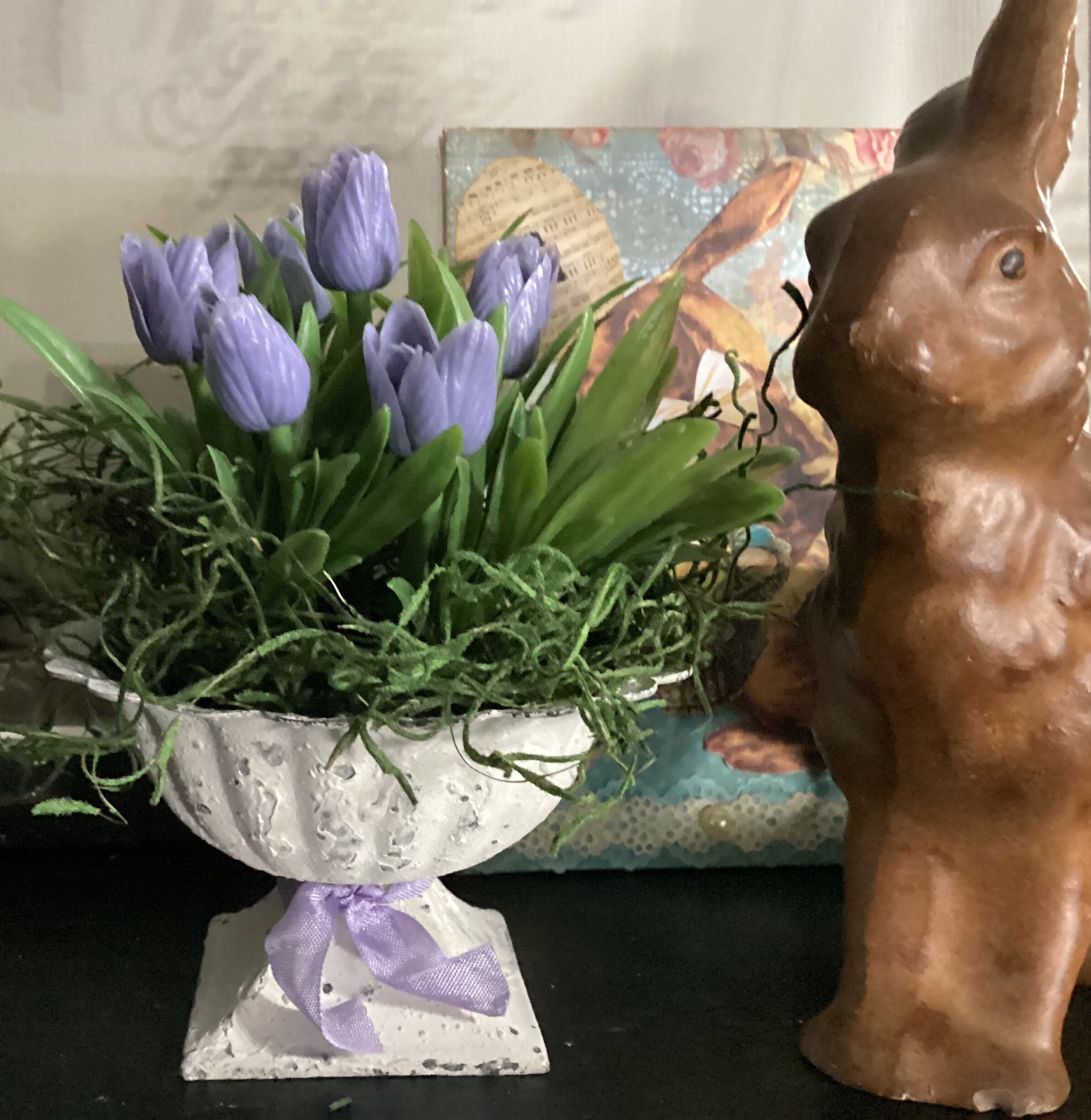 Rustic Farmhouse Shabby White Urn Spring Planter with Spring Purple Tulips