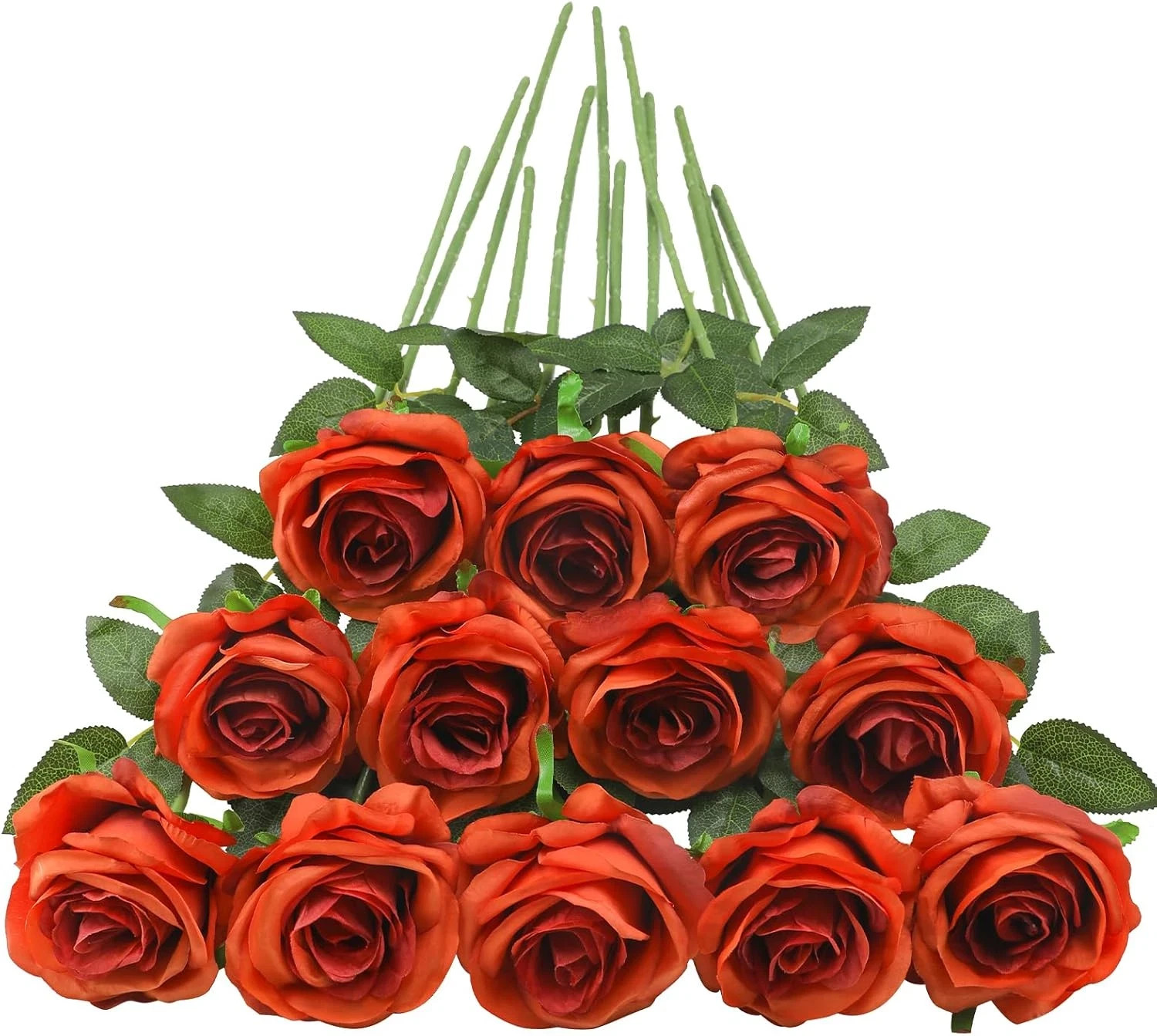 Orange Roses Artificial Flowers -12 Pcs Long Stem Silk Roses, Realistic Fake Ros