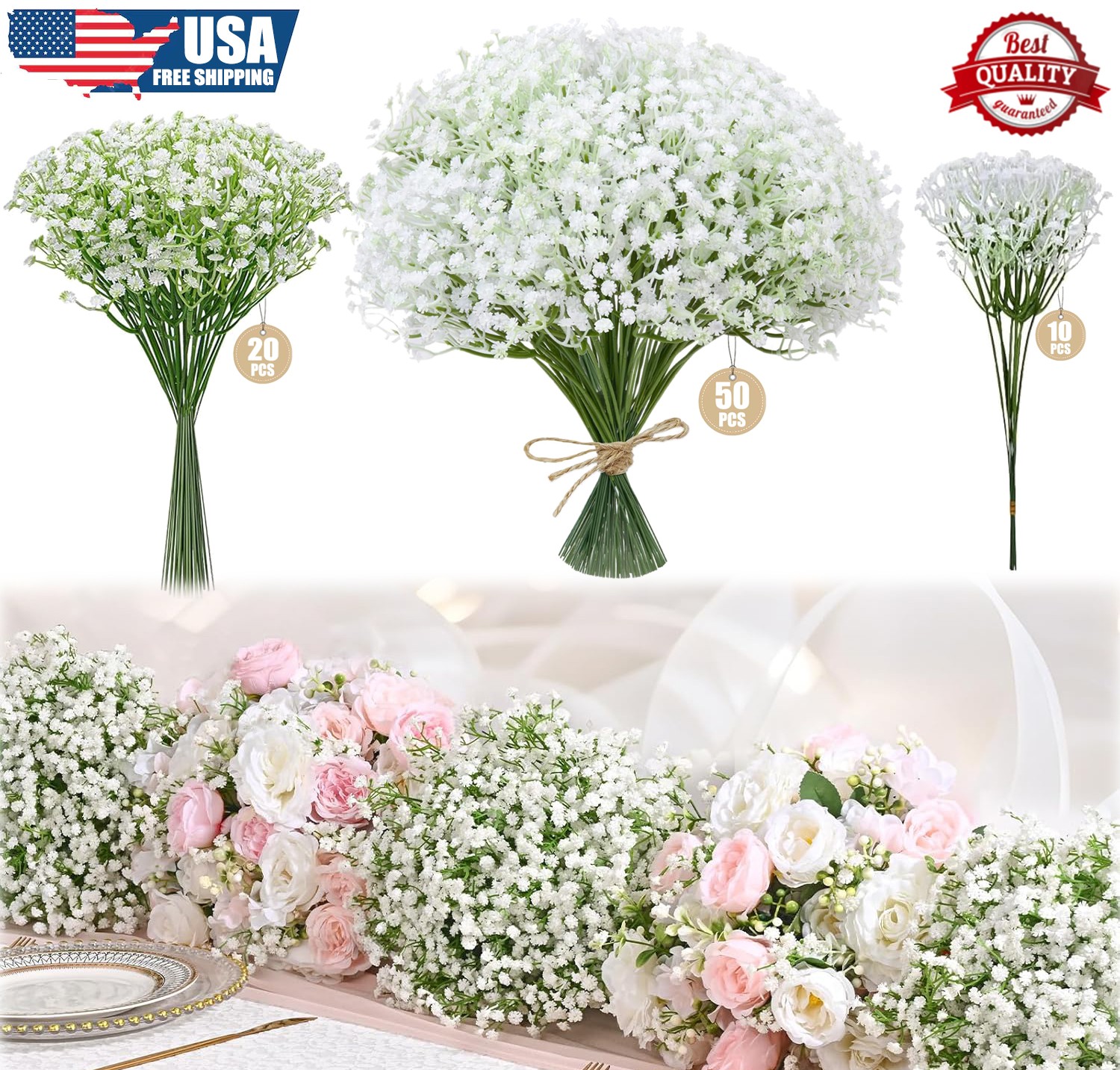 50x Babys Breath Artificial Flowers Bulk, White Real Touch Faux Baby Breath Flow