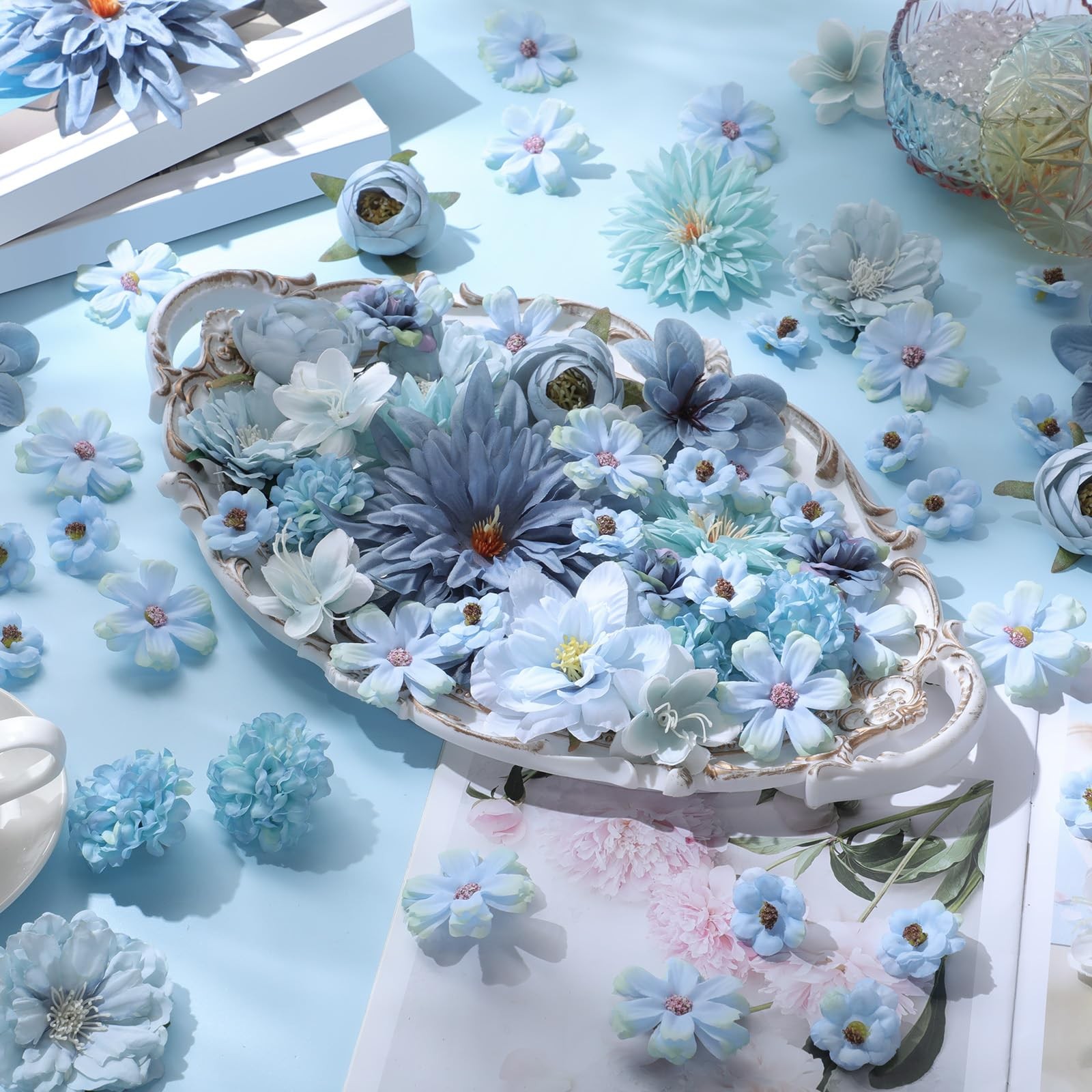80 PCS Blue Assorted Fake Flower Heads Mini Artificial Silk Daisy Peony