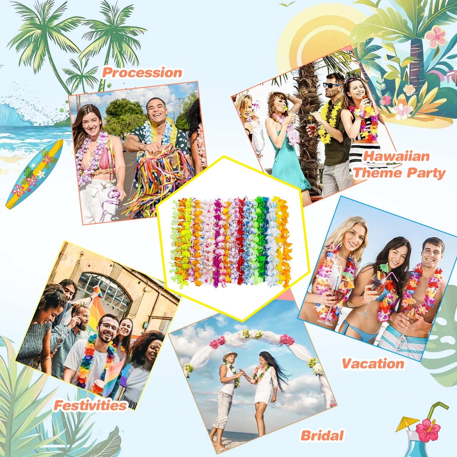 24 Pcs Colorful Hawaiian Leis Tropical Flower Leis for Luau Party Summer Beach