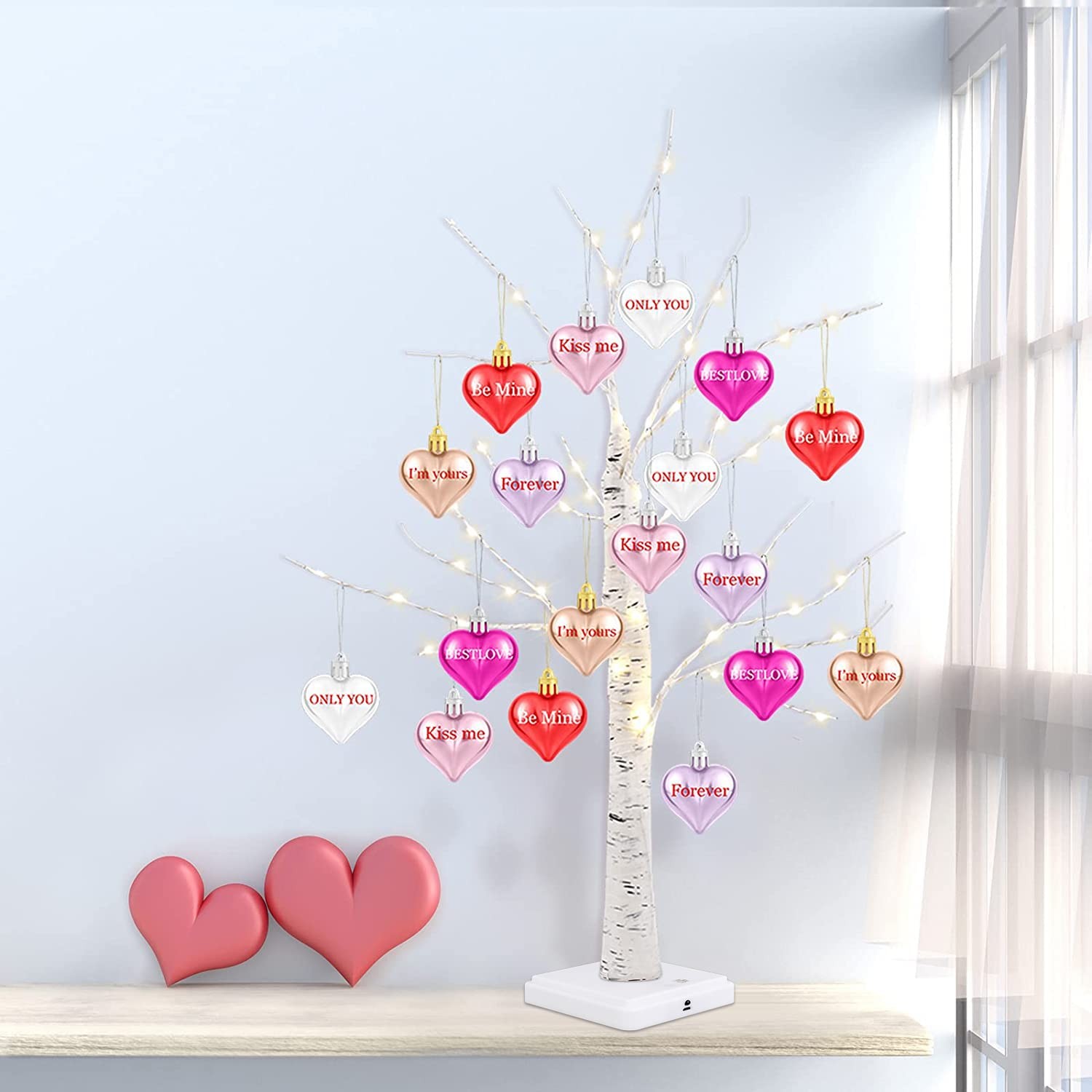 Valentine’s Day Tree Decoration with LED Lights 21.7 Inch Tabletop Birch Tree…