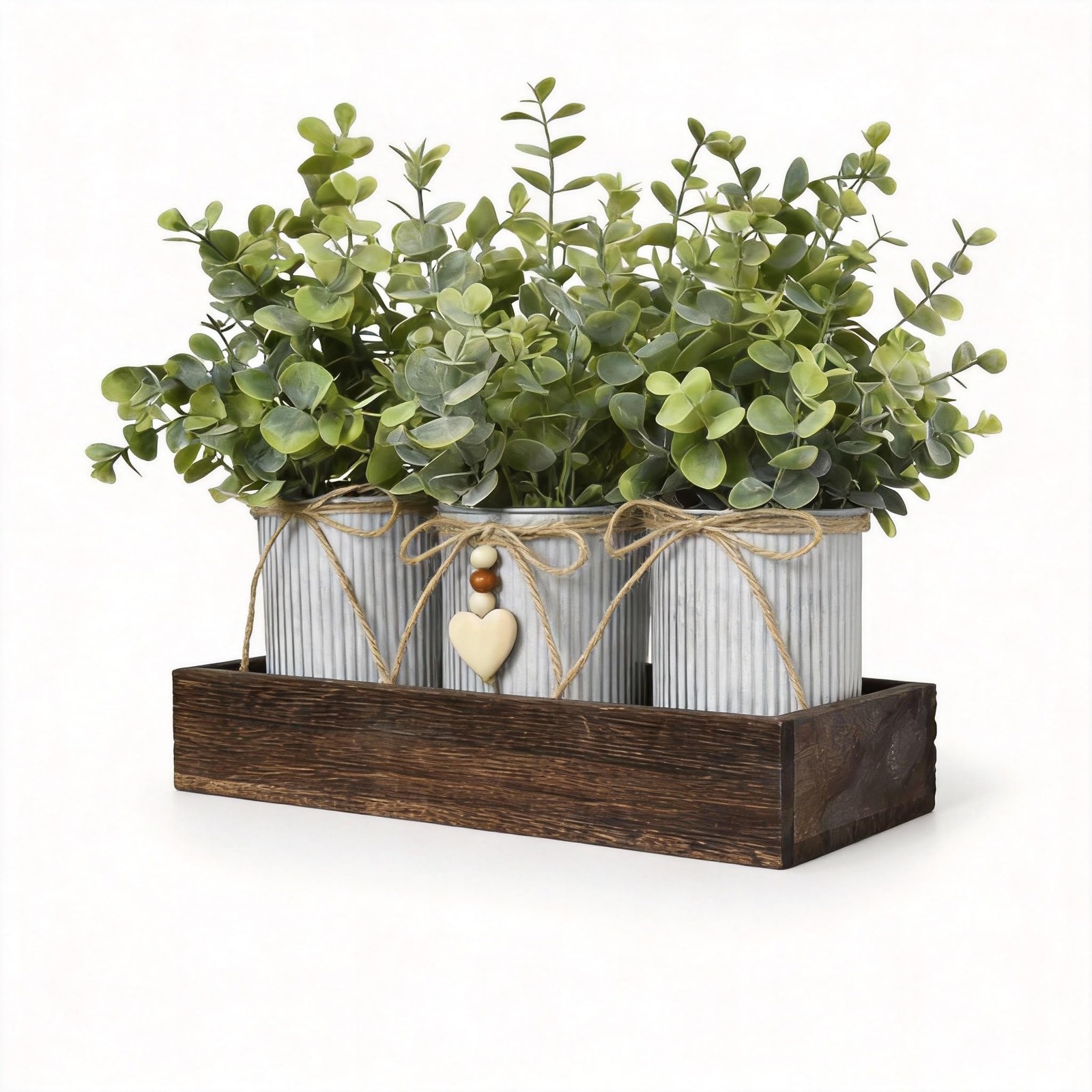 Rustic Farmhouse 3-Piece Artificial Eucalyptus Centerpiece – Wooden Tray with…