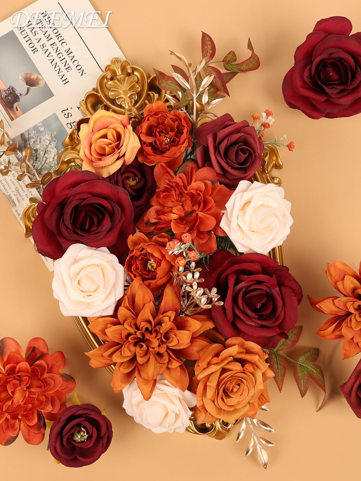 Artificial Flowers Combo Box Set Fall Fake Flowers Silk Mix Roses Peonies wit…