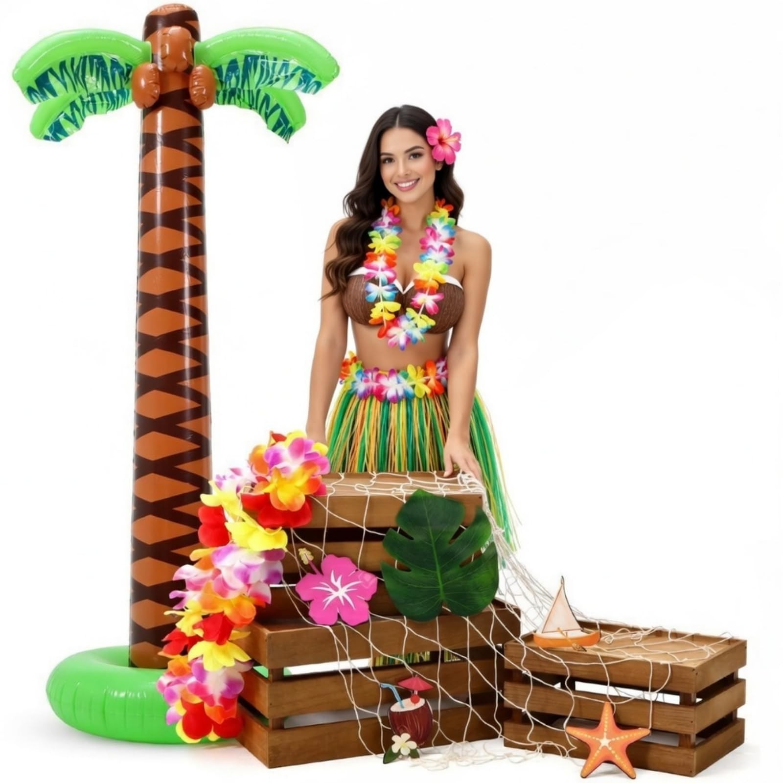 11 Pcs Hawaiian Party Decoration Set 70 Inch Giant Inflatable Palm Tree Woode…