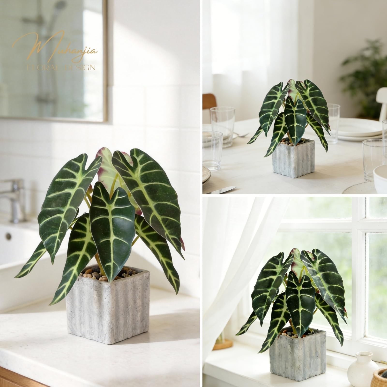 Faux Alocasia Potted Plant Lifelike Greenery Cement Look Square Pot Decor