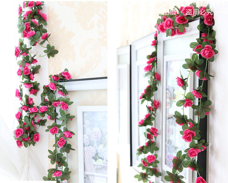 4 Pcs Artificial Rose Red Small Flowers Vine Wall Wedding Garland (90″ each)