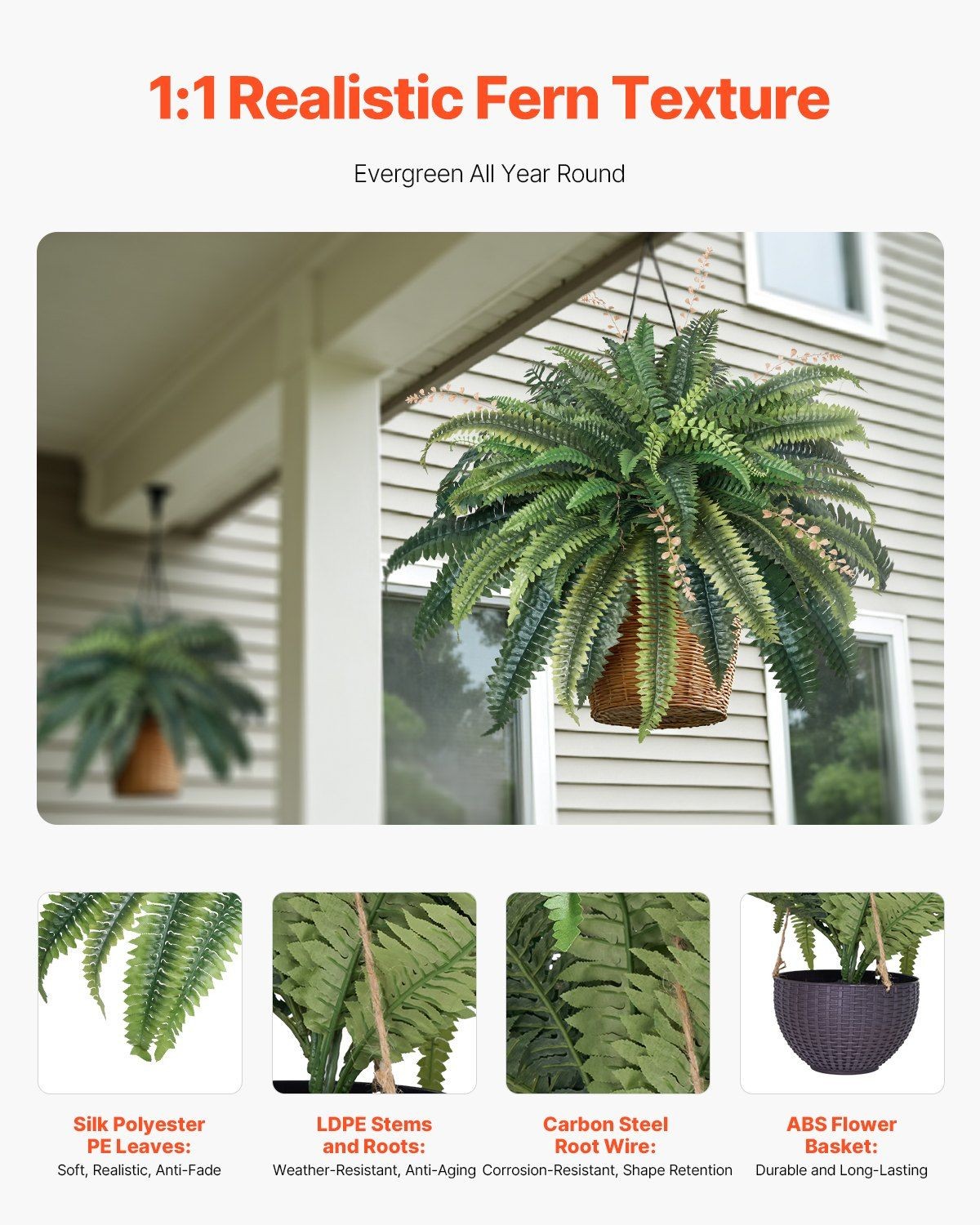 40in Outdoor-Grade Faux Fern, 80 Branches, PE+Silk Leaves, Fade Proof