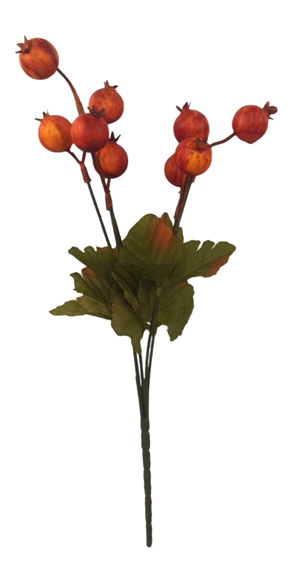 Artificial Floral Berry Stem With Orange & Green Leaves For Seasonal Decor