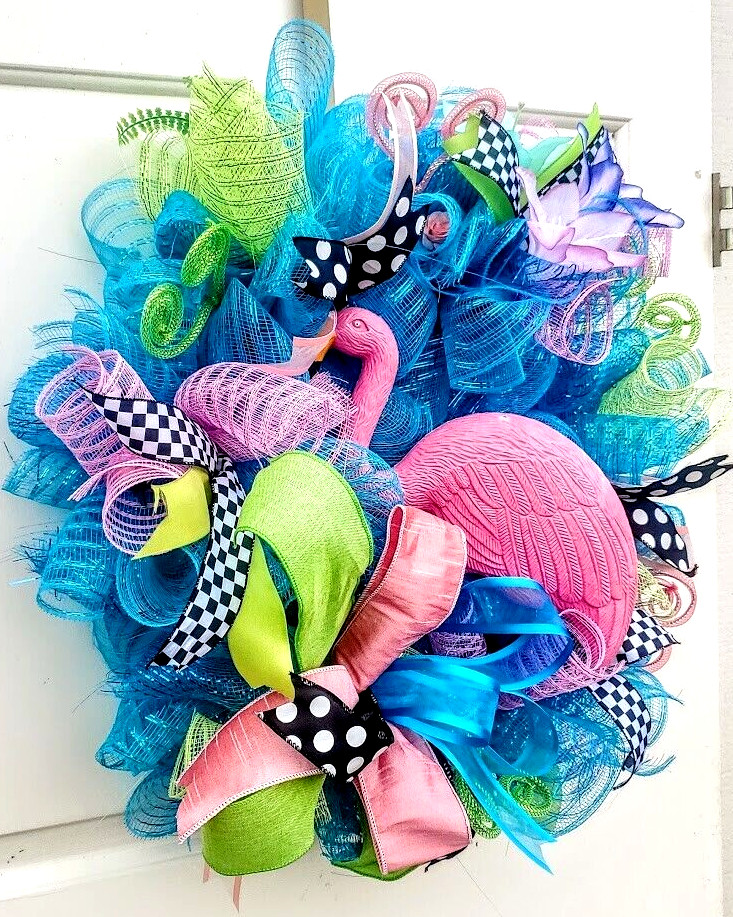 Spring Summer Pink Flamingo Wreath Large 24″ Handmade Deco Mesh Door Decoration