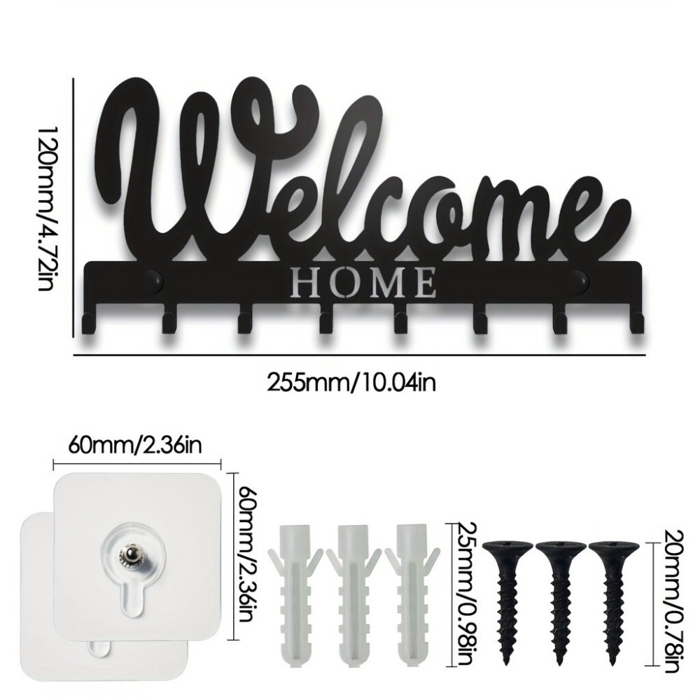 Black Metal Welcome Key Holder Wall Mounted Entryway Organizer Decor Gift