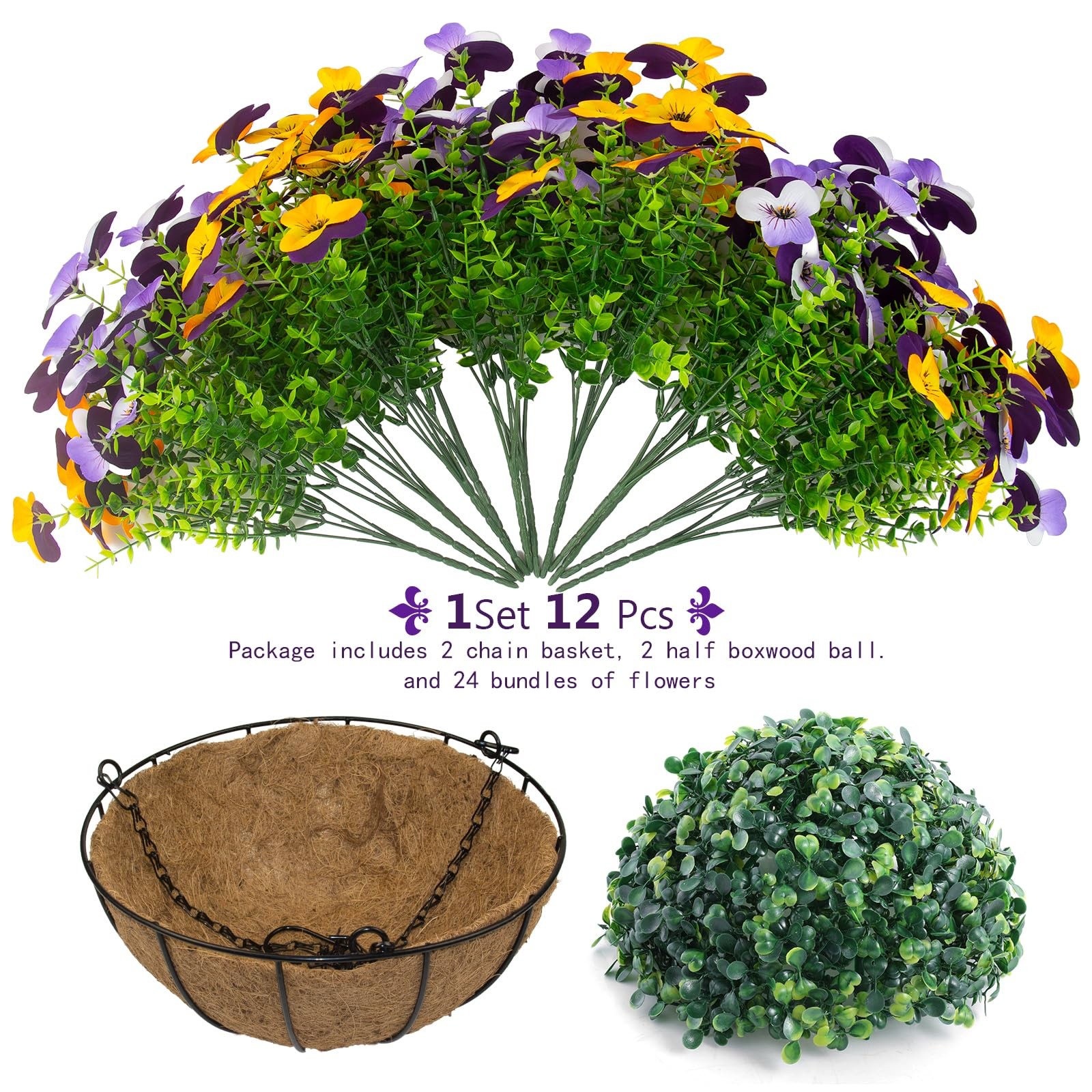 2 Set Artificial Outdoor Pansy Flowers with Hanging Baskets, 2 Hanging Basket…