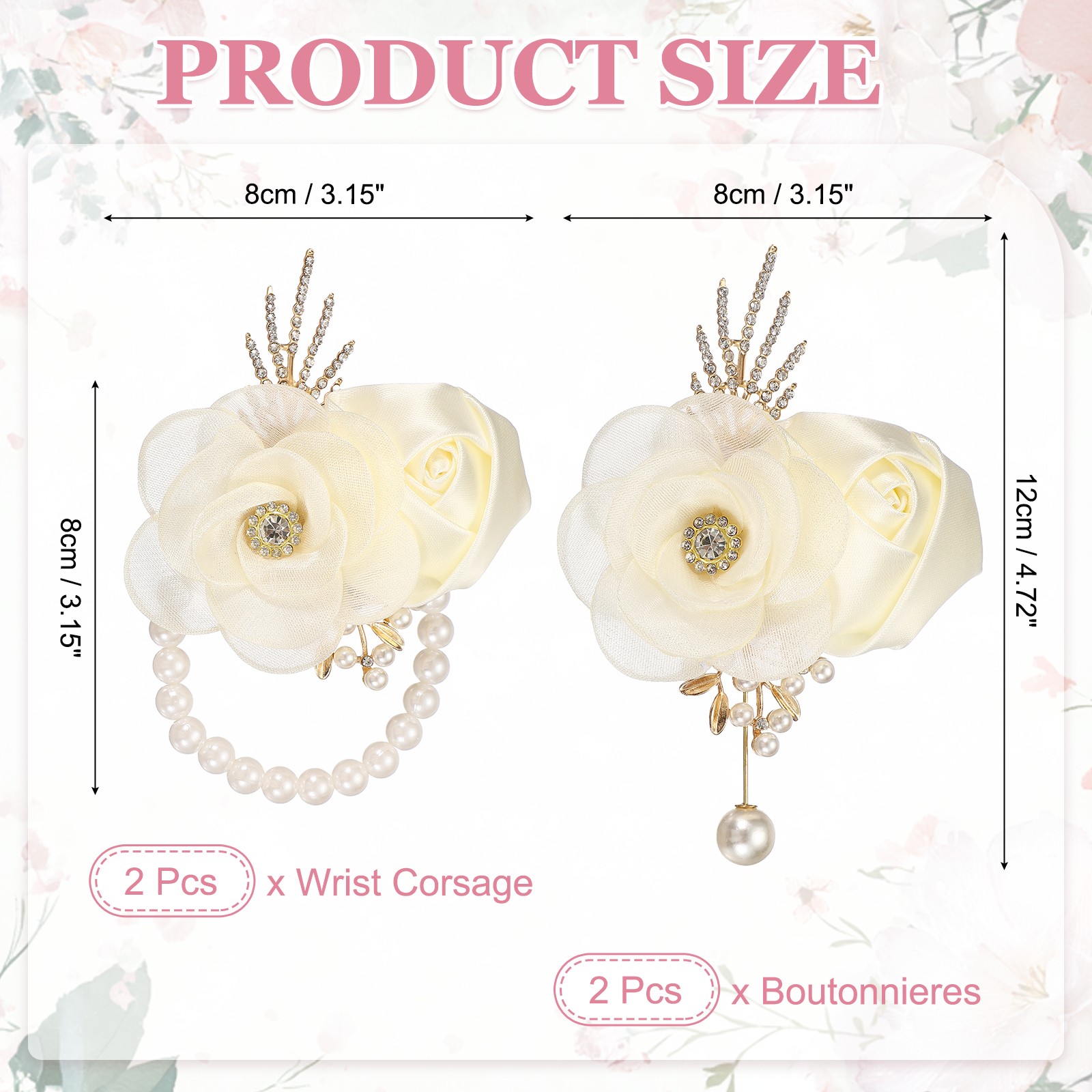 2 Sets Wrist Corsage and Boutonnieres Set for Wedding Groom Bride, Cream