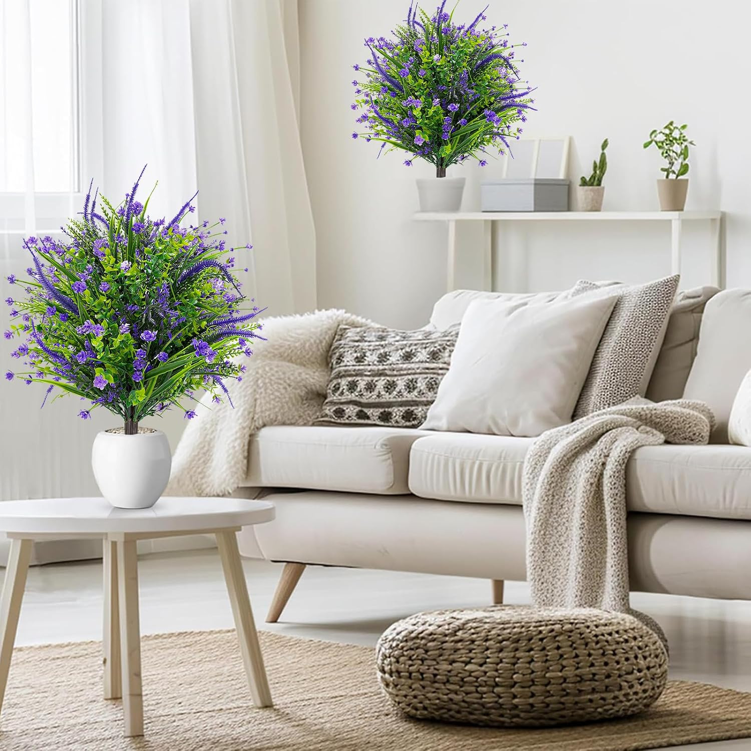 UV Resistant Artificial Boxwood Topiary Ball with Purple Flowers for Outdoor Dec