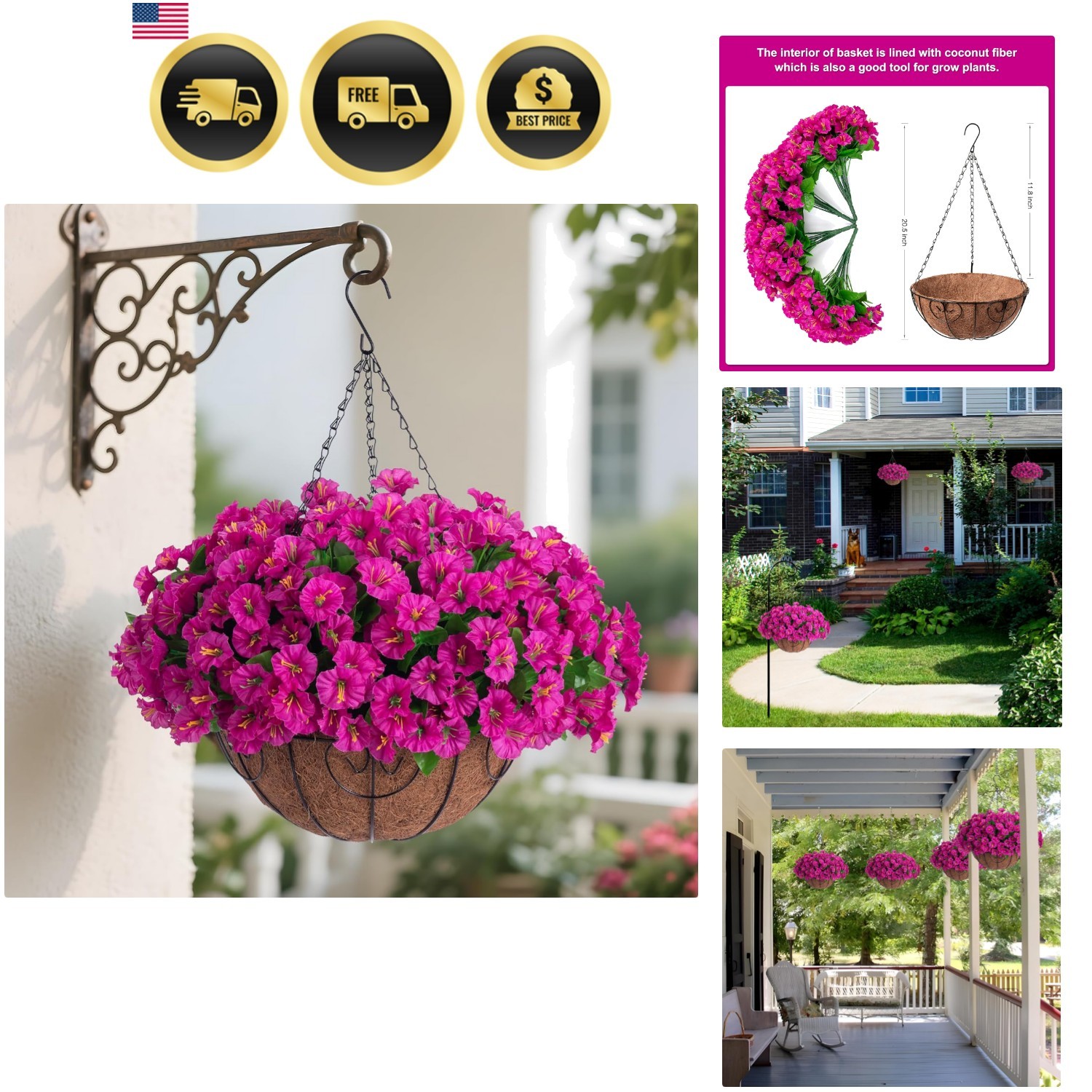 Artificial Hanging Flower Plants with Basket for Outdoor Decoration, Faux Pet…