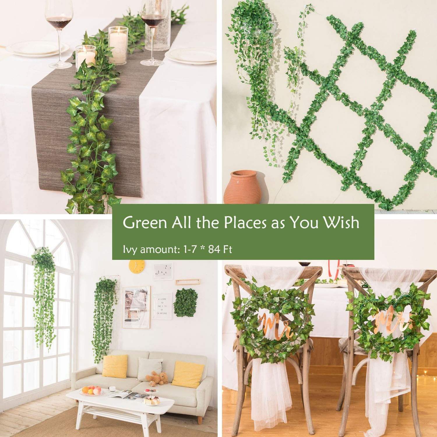 168 Ft 24 Strands Fake Ivy Leaves Artificial Ivy Garland Greenery Decor Faux Gre