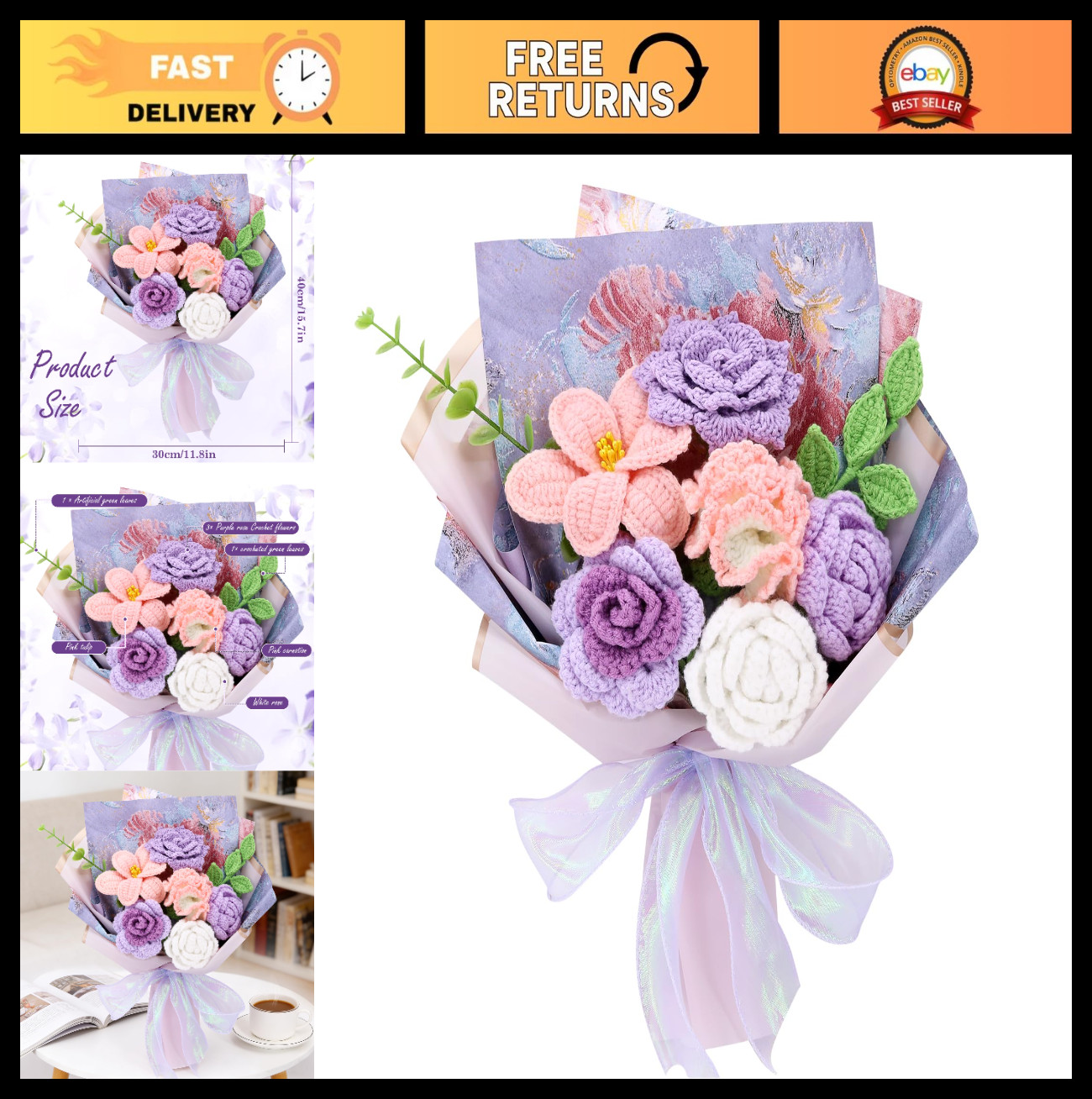 Handmade Crochet Flower Bouquet – Cotton Thread, Purple Mixed Flowers, Gift for
