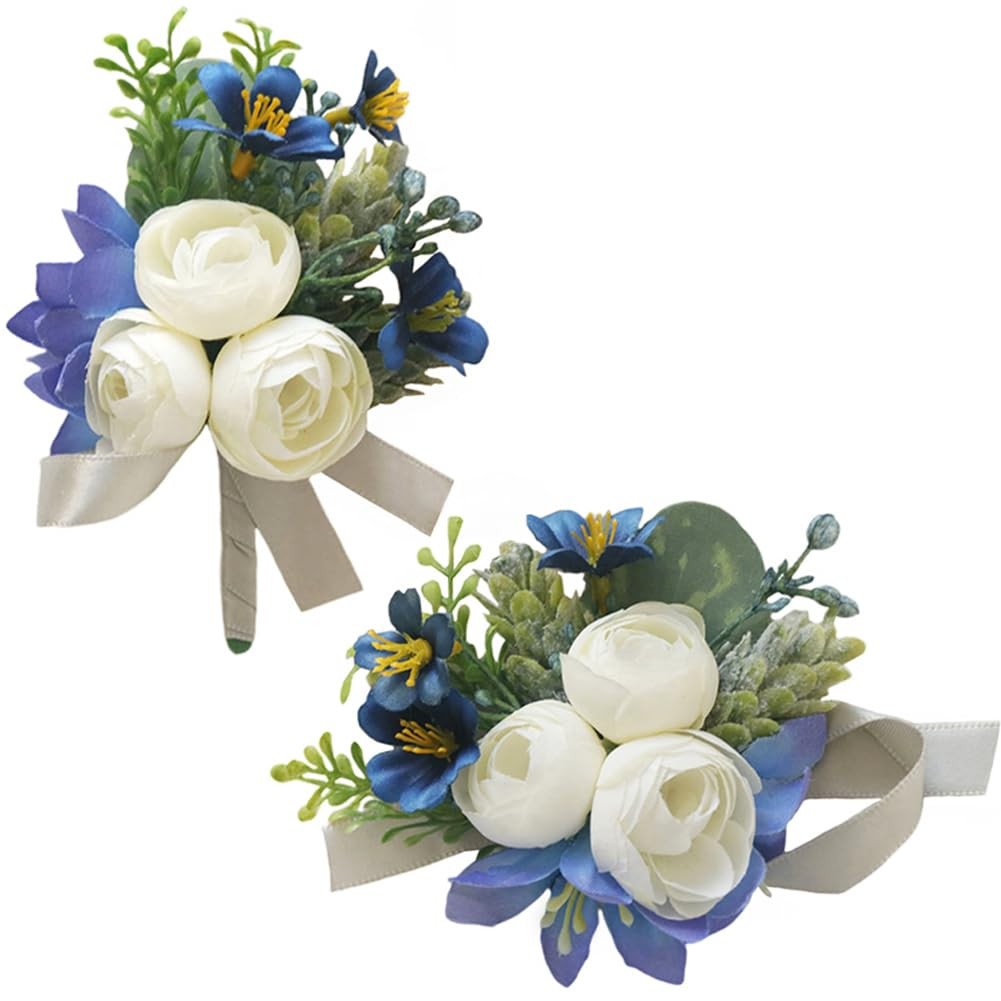 2 Pieces Artificial Wrist Corsage Boutonniere Set Blue White Wedding