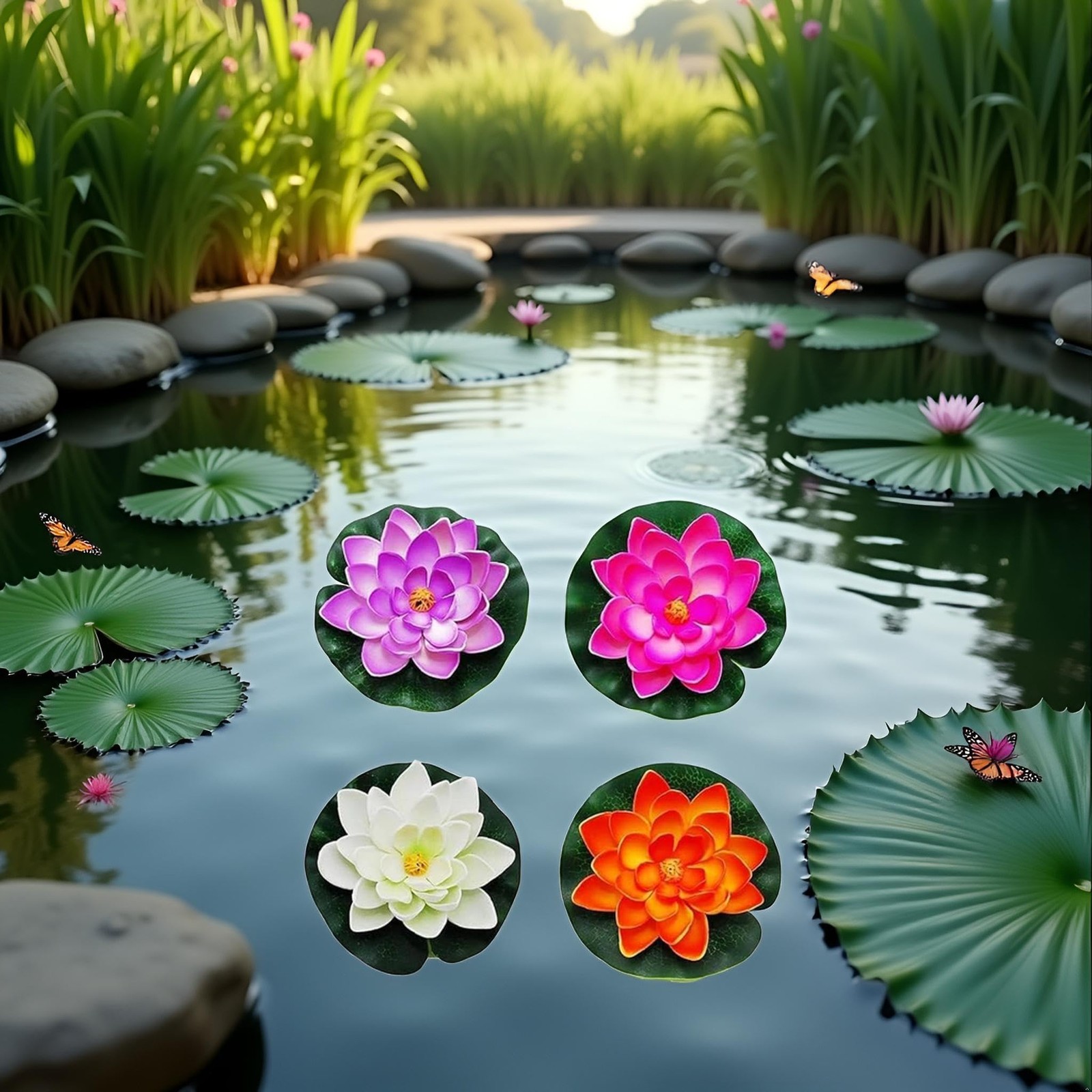 4 Pcs Artificial Water Lily Foam Lotus Flower Pond Decor for Pond Patio Garde…
