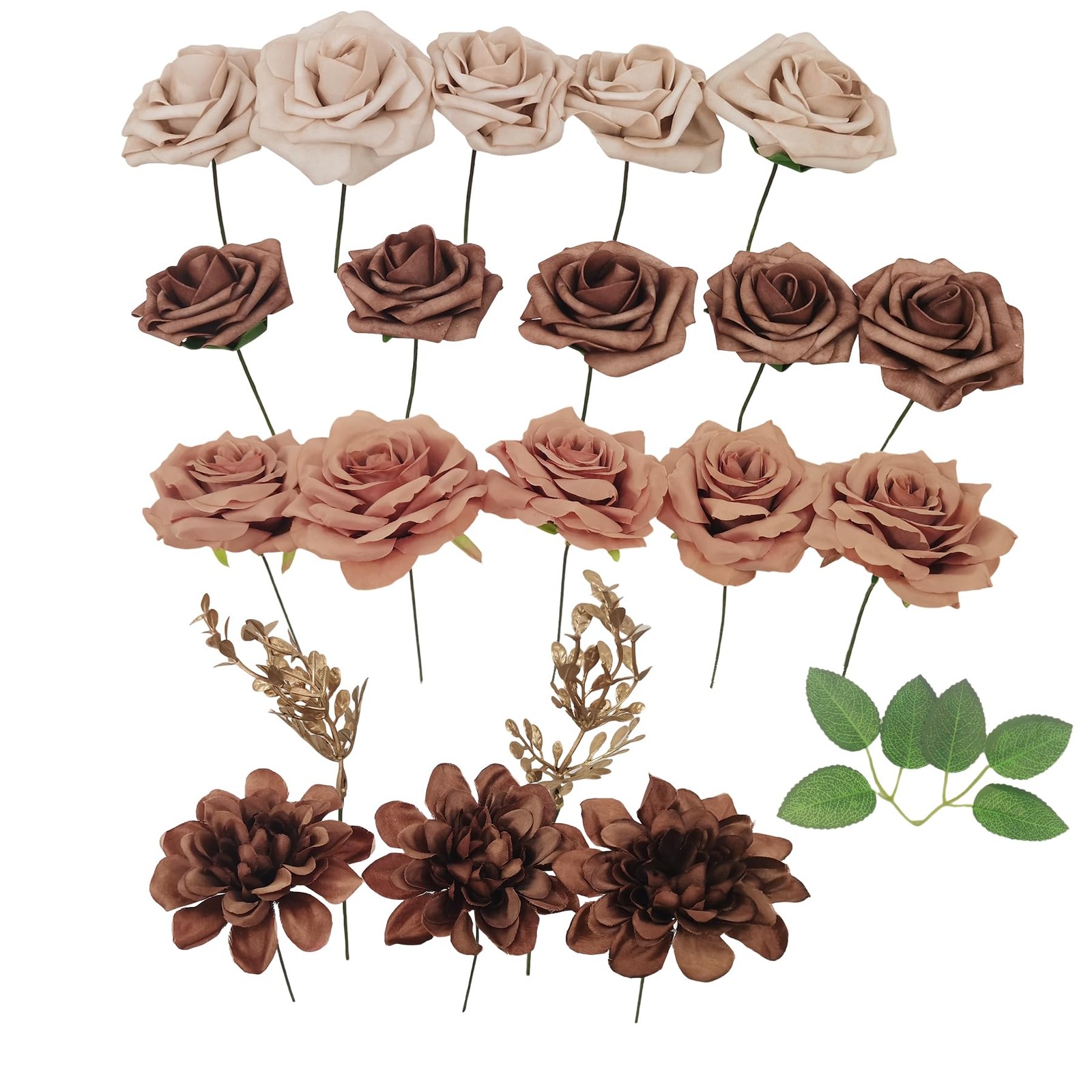 20 PCS Artificial Fake Flowers Roses Mixed Coffee Brown Faux DIY Wedding Decor