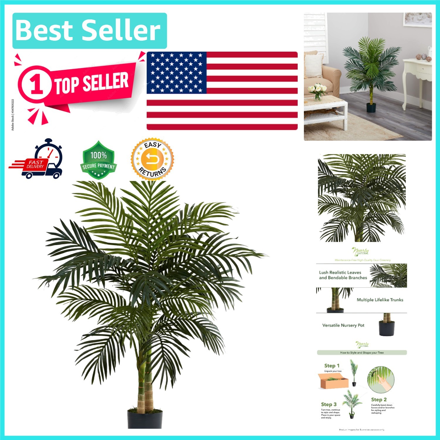 4ft Golden Cane Palm – Double Stalk Artificial Tree, Maintenance-Free Decor