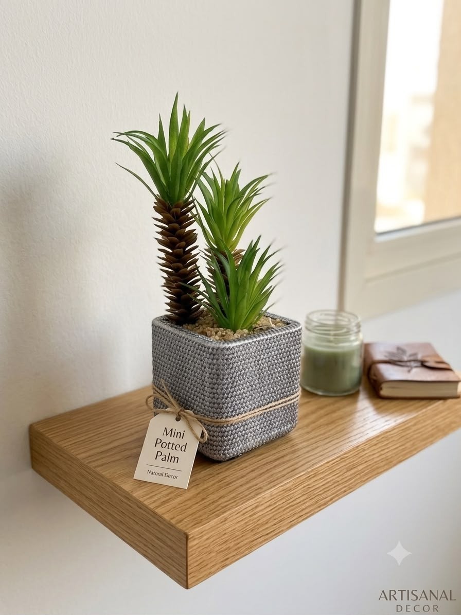 Mini Artificial Potted Palm Tree Fake Greenery Plant Woven Pot Desk Shelf Decor