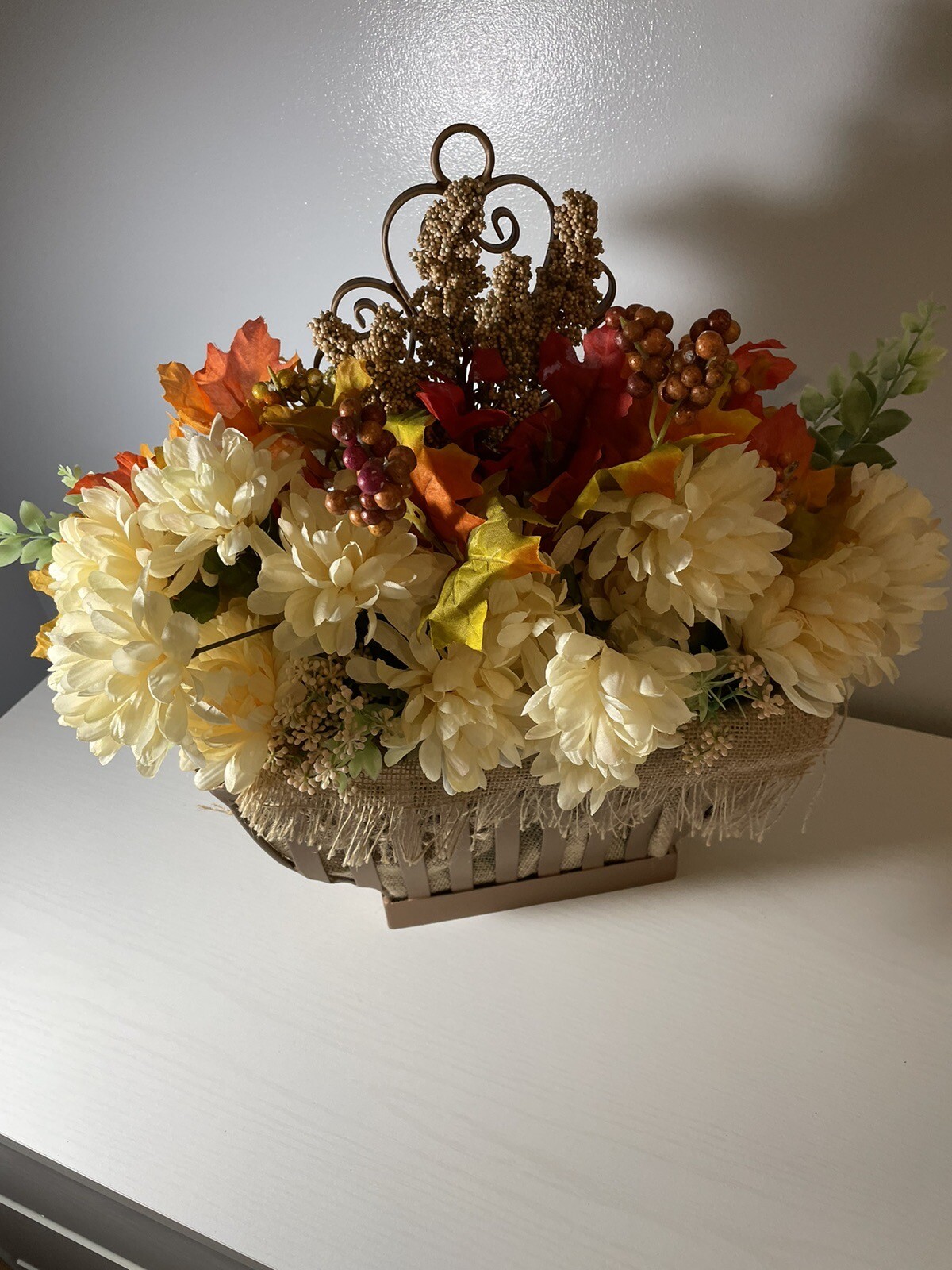 Fall Flower Arrangement In Large Upcycled Metal Hanging Basket Copper Painted