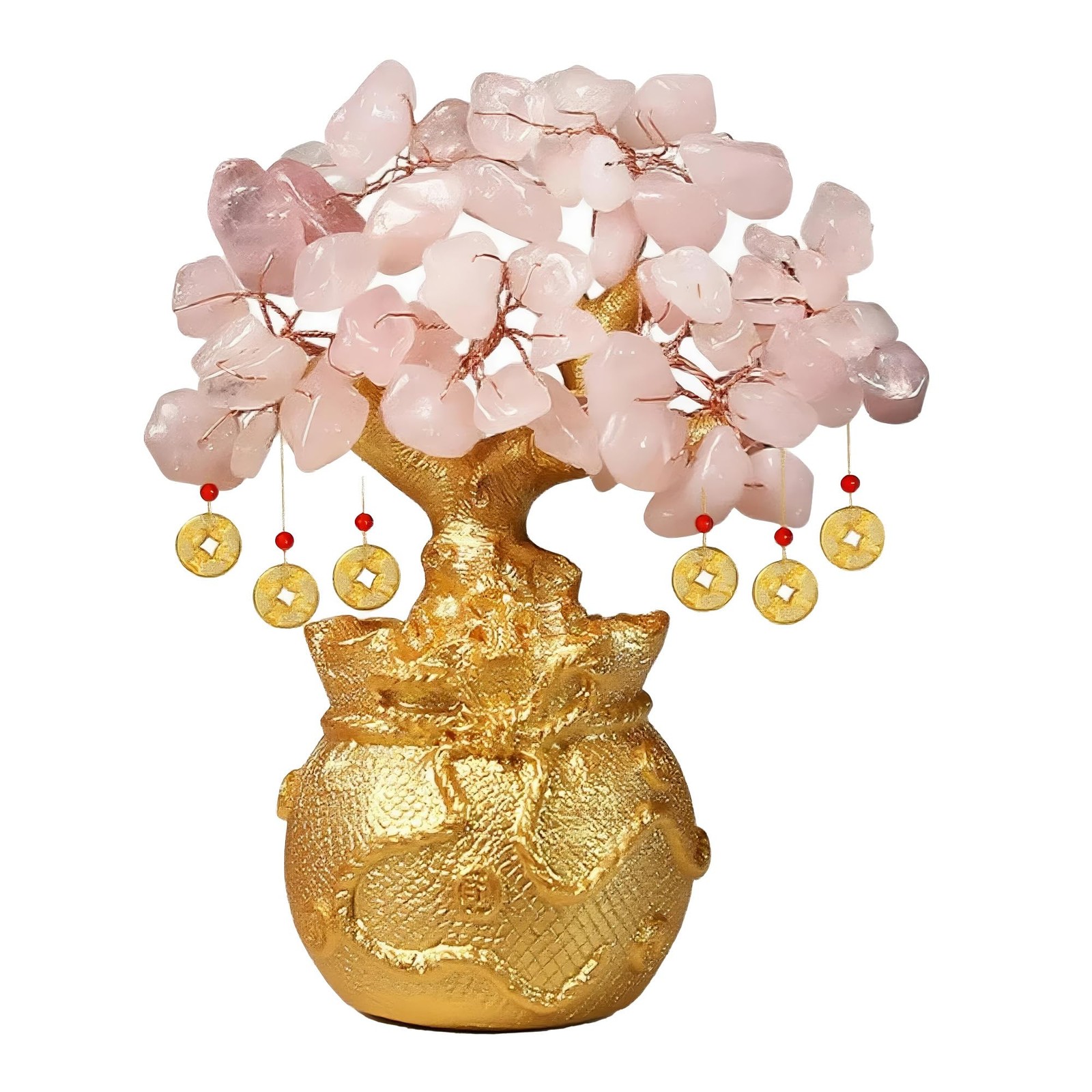 Rose Quartz Money Tree – Feng Shui Love & Wealth Golden Bag Bonsai Lucky Gems…