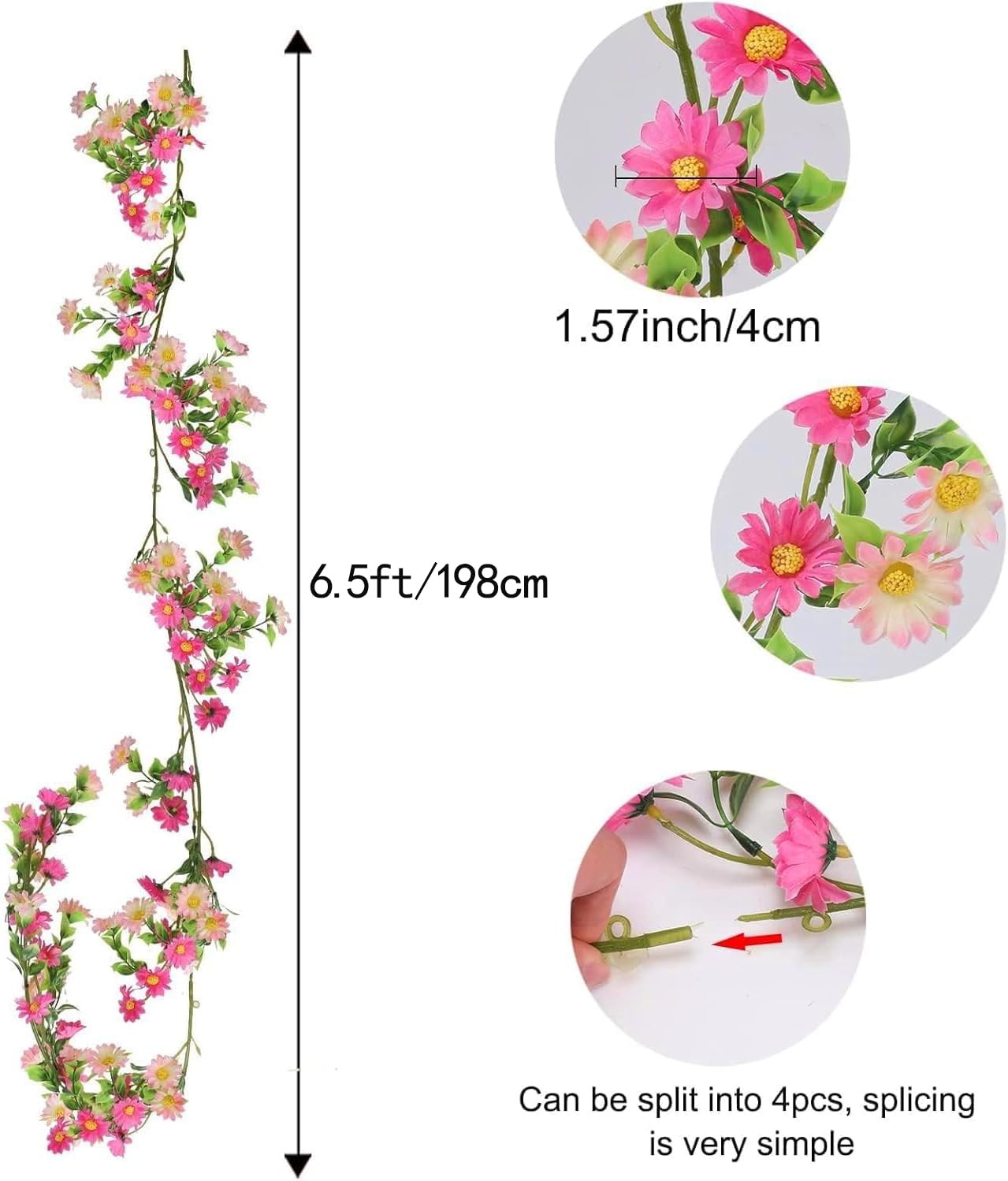 6.5ft Silk Flower Garland Pink Wildflower & Artificial Daisy Vine with 88 Blo…