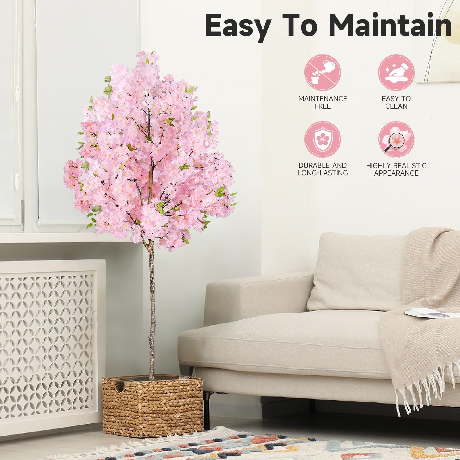 6FT Pink Artificial Cherry Blossom Tree, Realistic Potted Faux Cherry Tree, S…